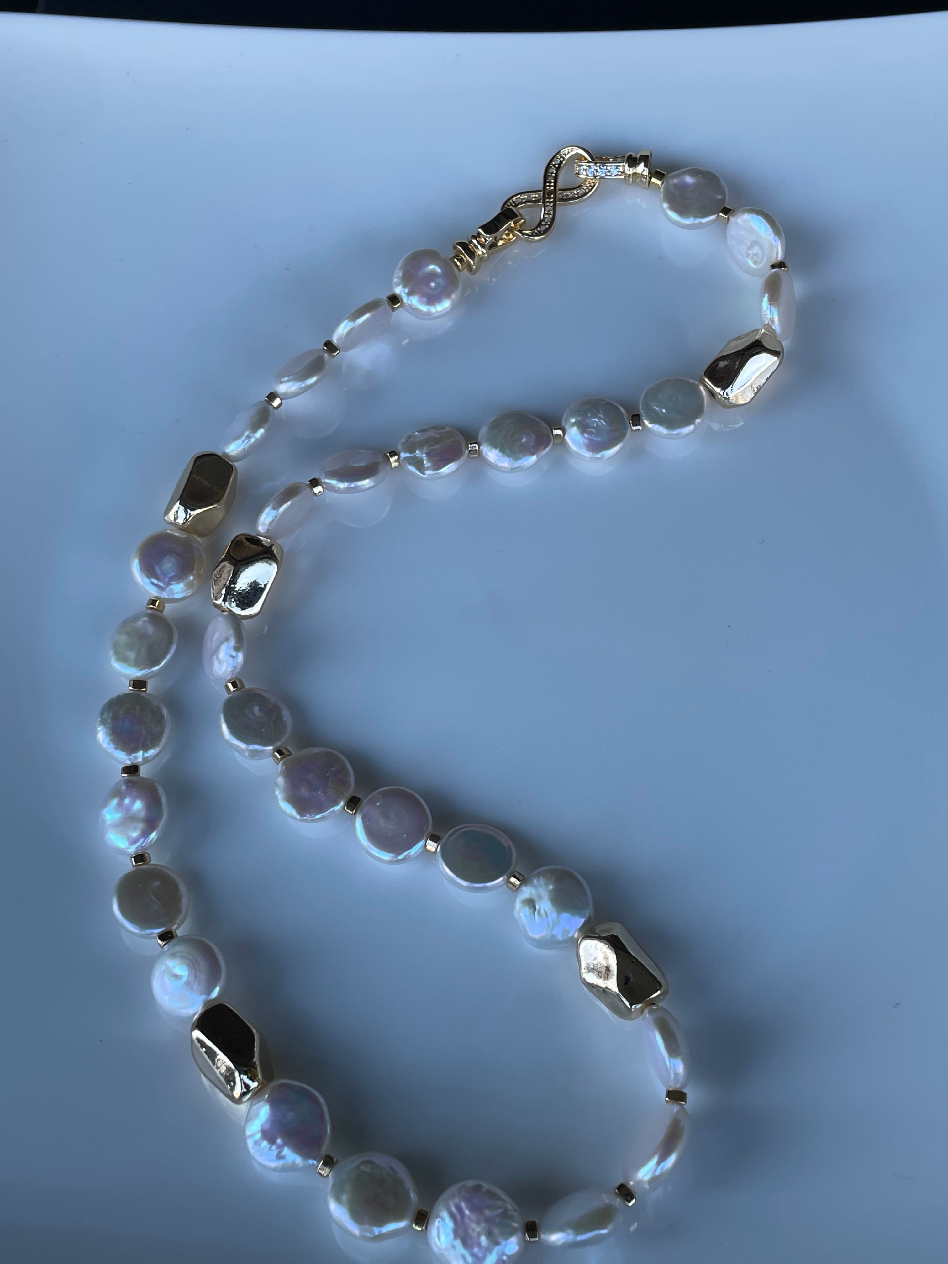 Baroque Necklace 2 - 12mm Premium Aurora Smooth Coin Pearl Necklace, Gold Tone Accent Statement Jewelry