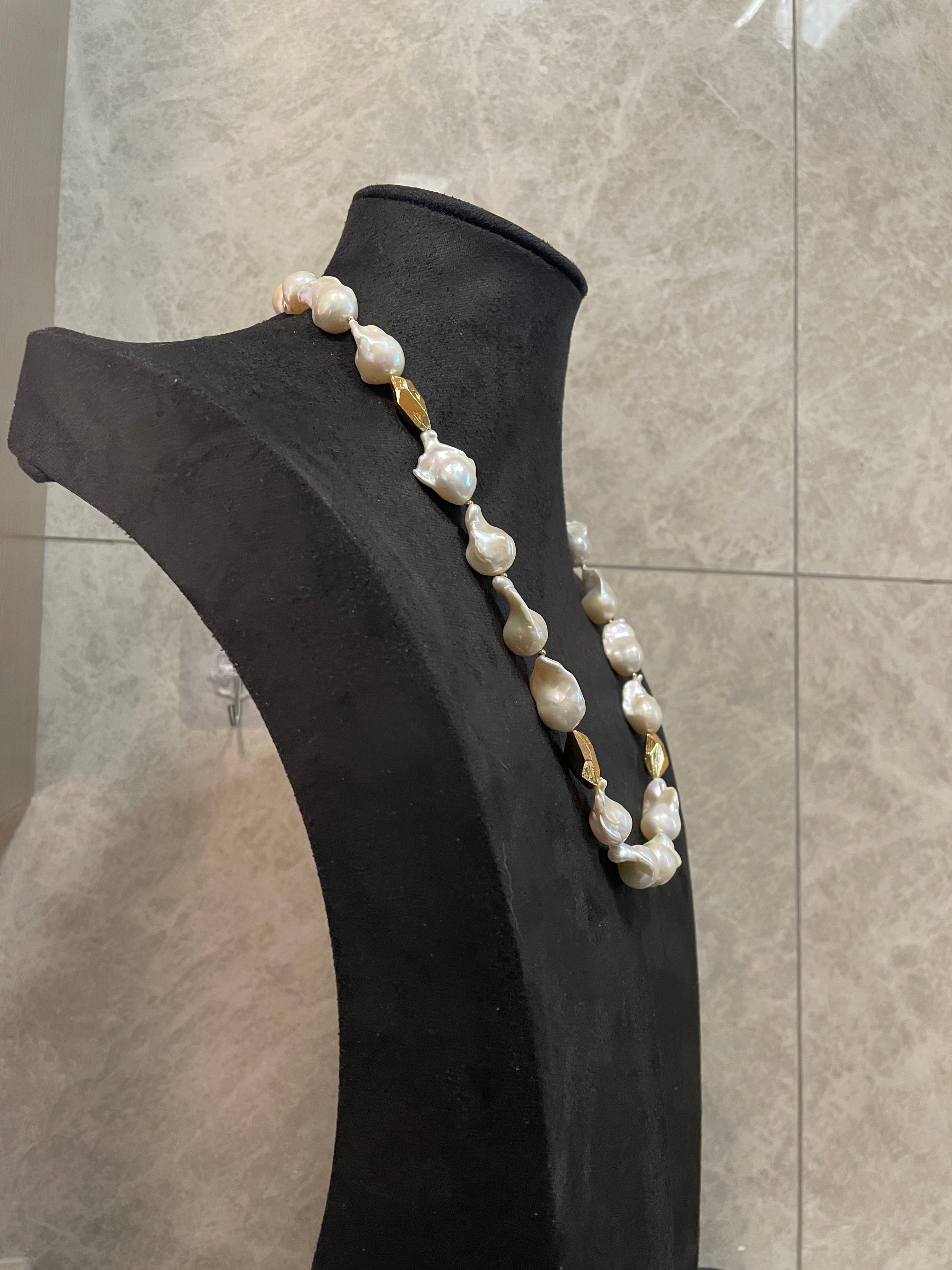 Baroque Necklace 1 - Top Grade Aurora Mirror Smooth Baroque Pearl Necklace, Gold Tone Faceted Statement Jewelry