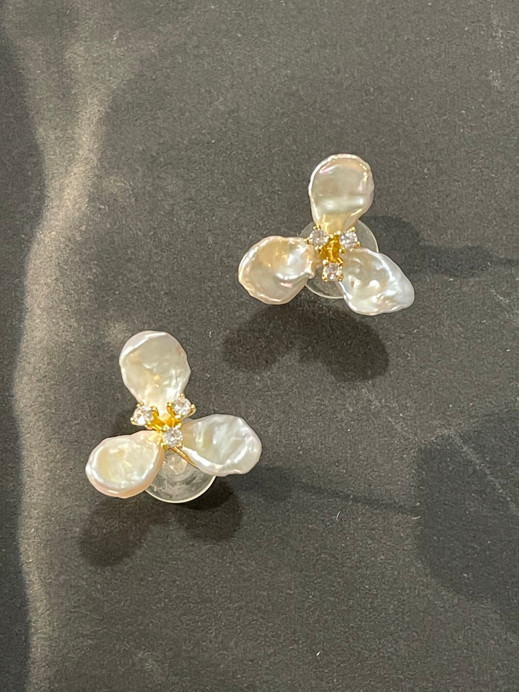 Keshi Baroque Earring 5 - Silver-Blue Keshi Petal Pearl Flower Stud Earrings, Gold Tone Floral CZ Jewelry, Hawaiian Vacation Vibe