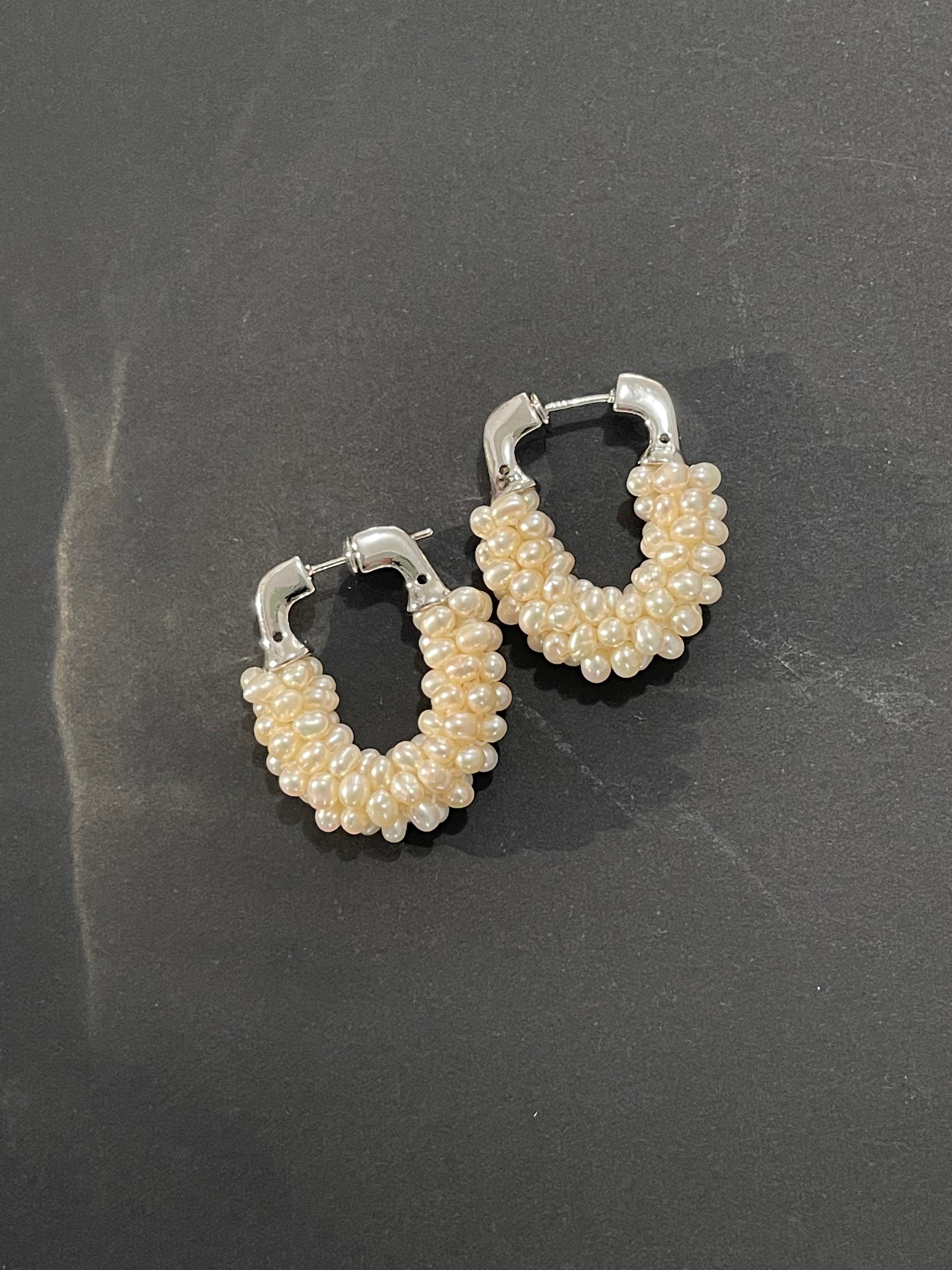 Baroque Earring 7 - Multi-Strand Seed Pearl U-Shaped Hoop Earrings, Silver Tone Modern Stacked Jewelry