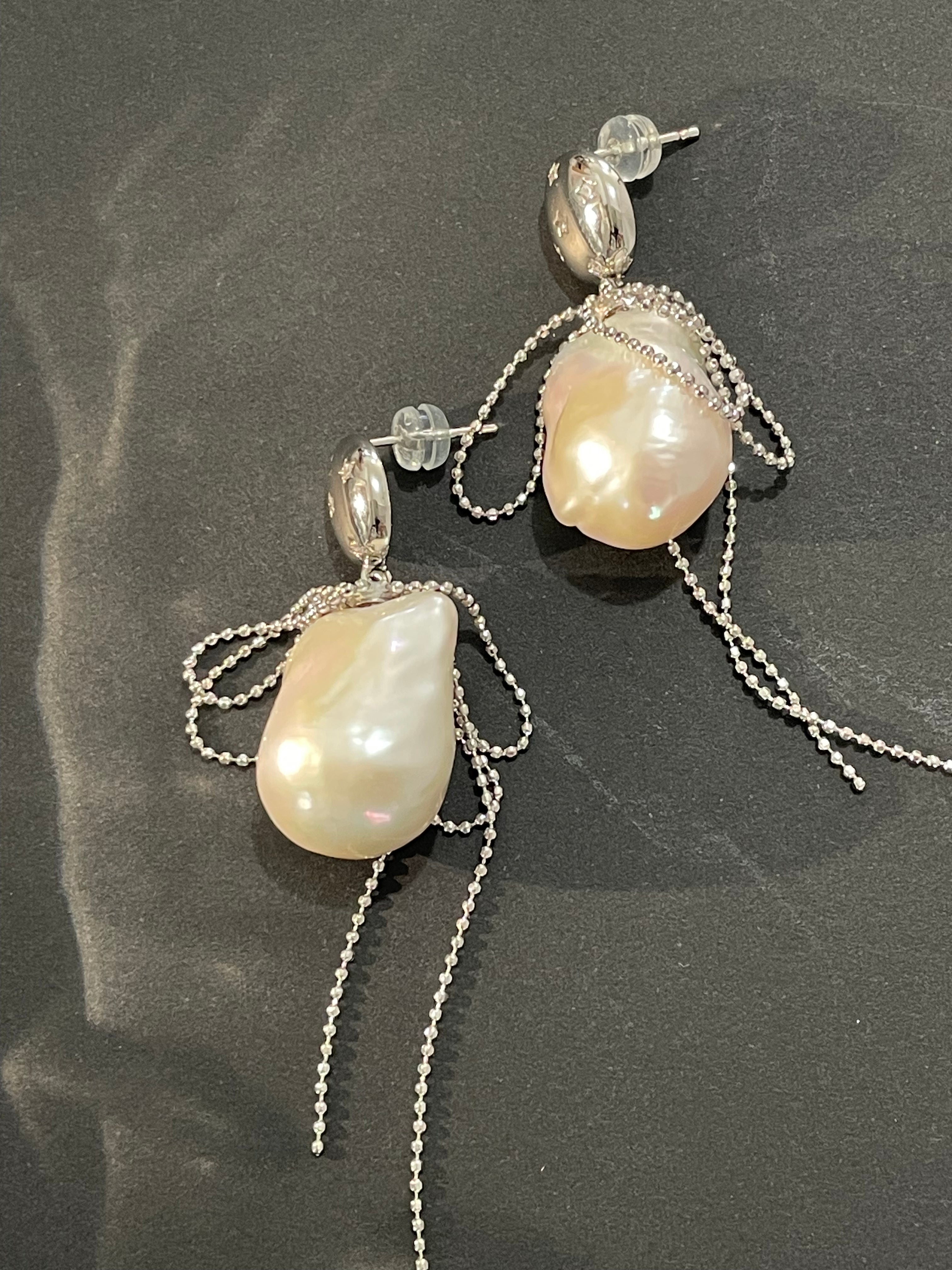 Baroque Earring 3 - Large Aurora Mirror Smooth Freshwater Baroque Pearl Drop Earrings, Silver Tone Tassel Alloy Jewelry