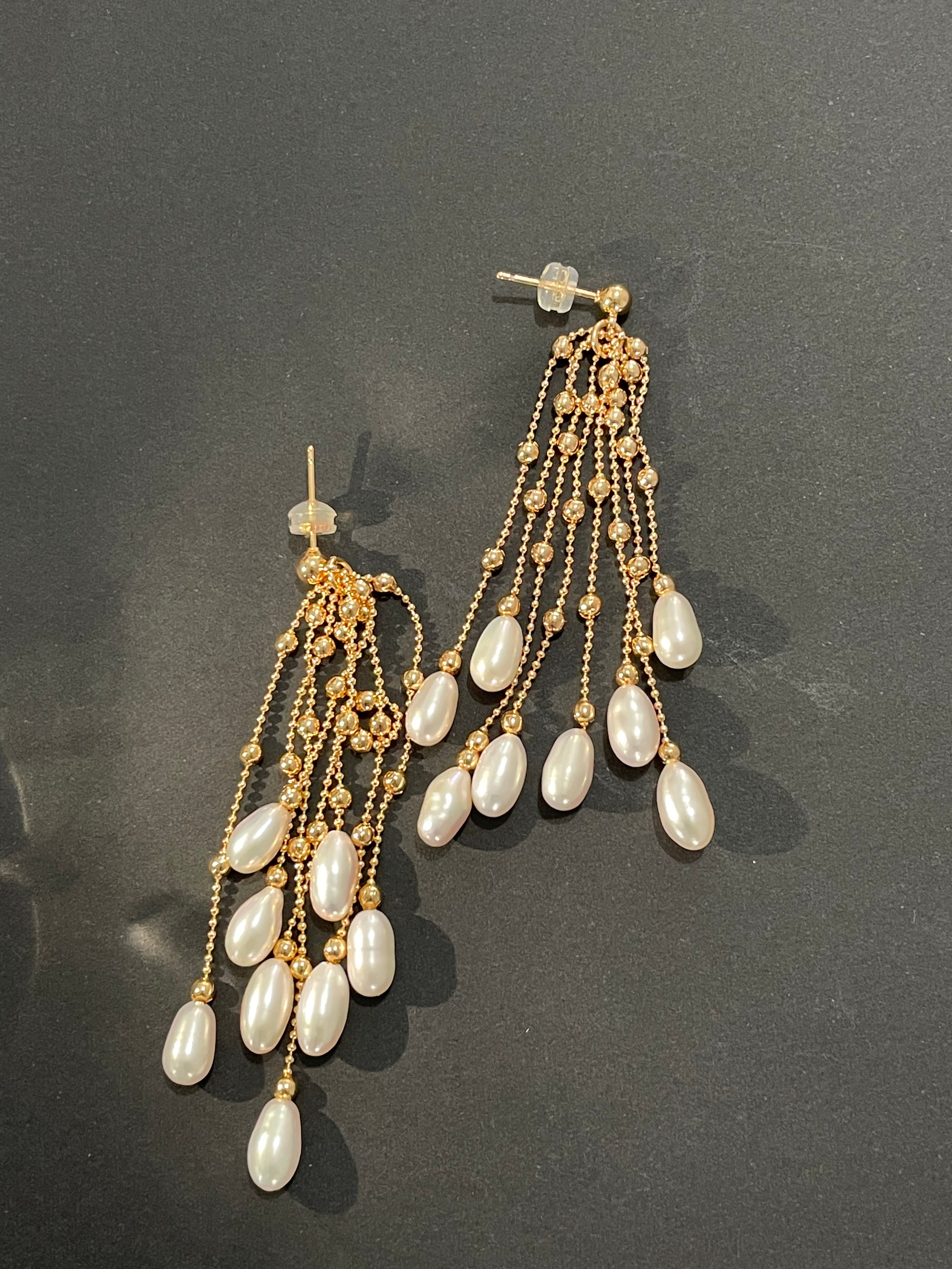 Baroque Earring 6 - 16pcs Baroque Rice Pearl Tassel Drop Earrings, Gold Tone Beaded Chain Jewelry, Dangle & Swing Style