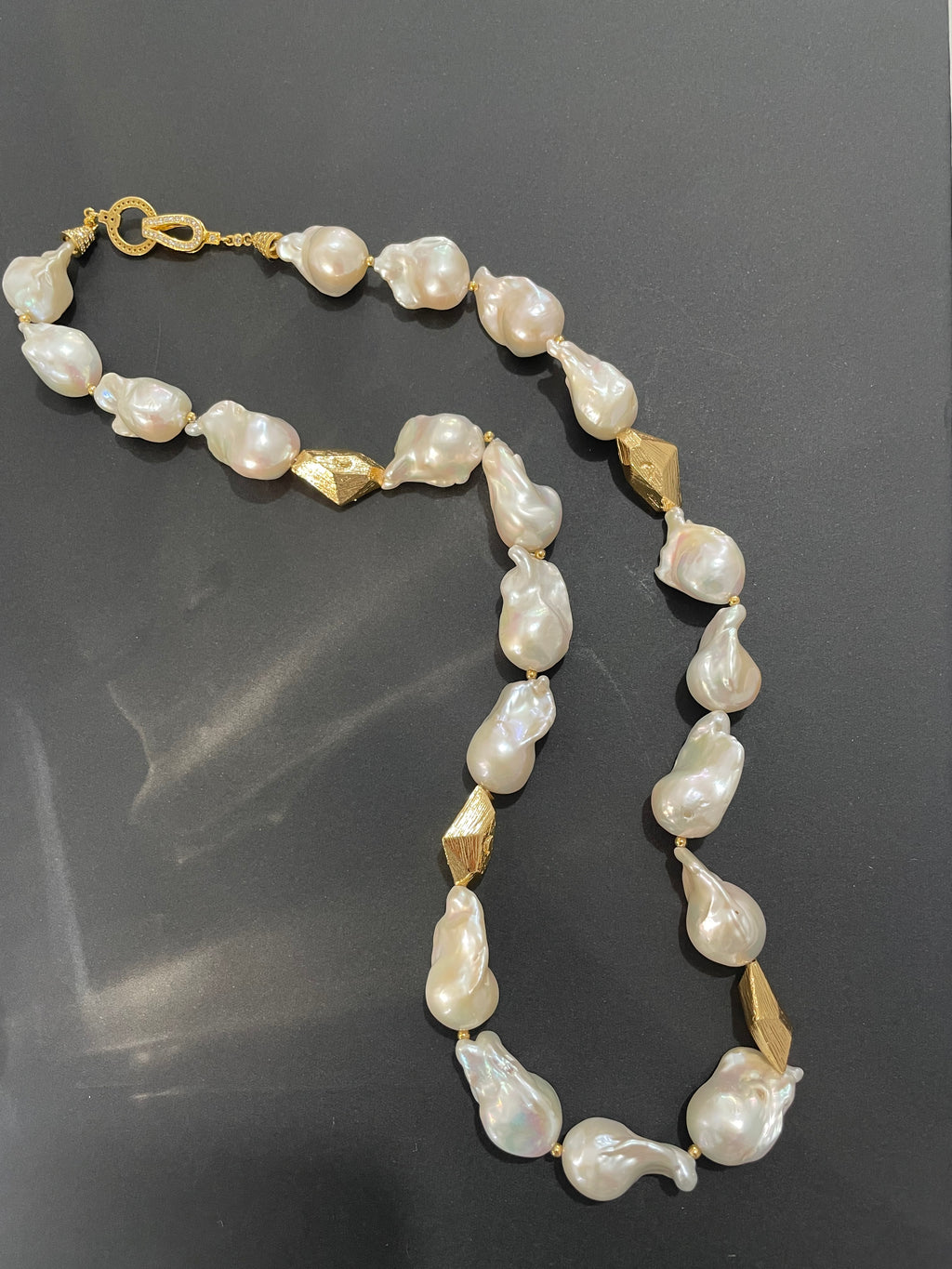 Baroque Necklace 1 - Top Grade Aurora Mirror Smooth Baroque Pearl Necklace, Gold Tone Faceted Statement Jewelry