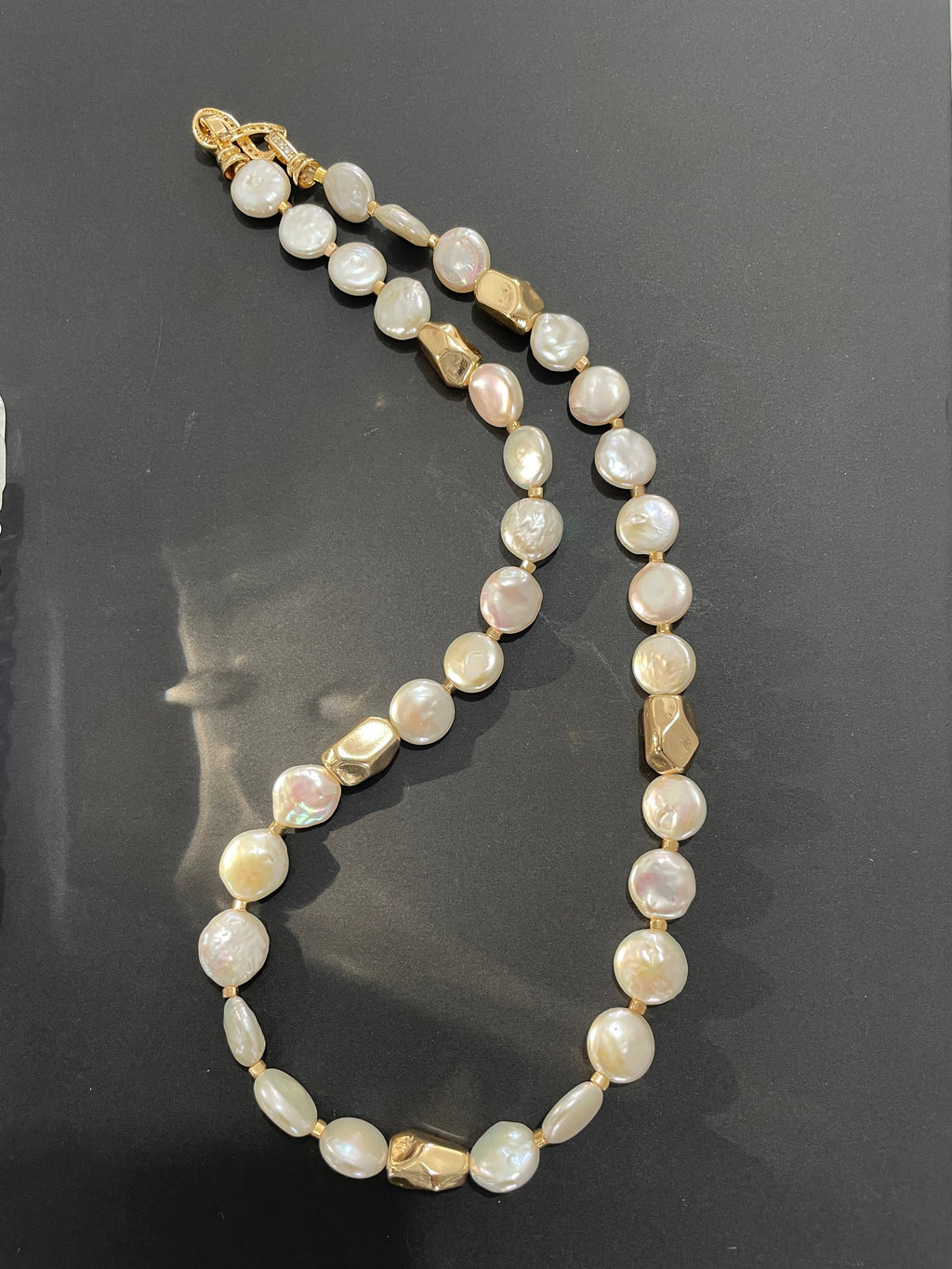 Baroque Necklace 2 - 12mm Premium Aurora Smooth Coin Pearl Necklace, Gold Tone Accent Statement Jewelry