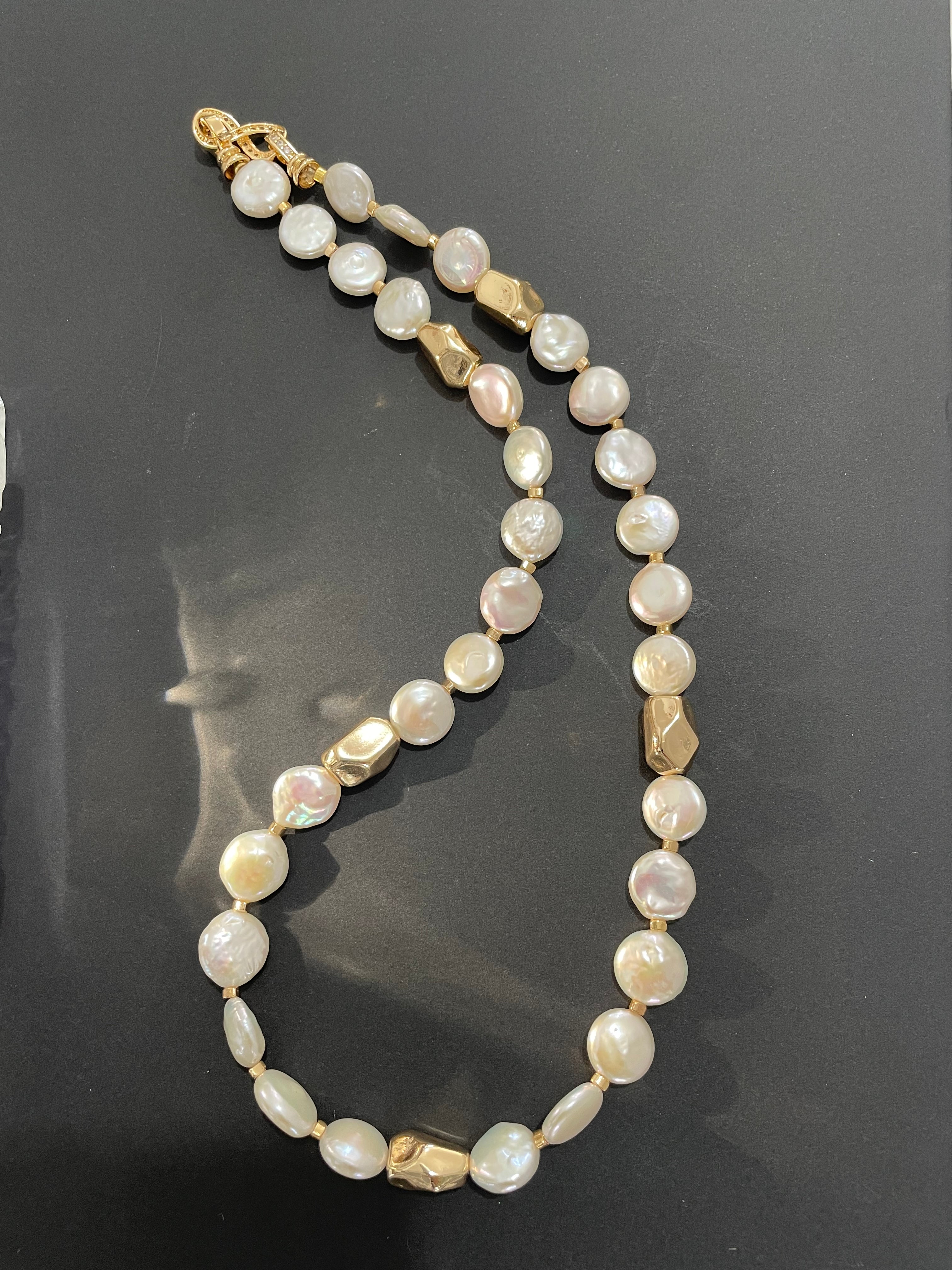 Baroque Necklace 2 - 12mm Premium Aurora Smooth Coin Pearl Necklace, Gold Tone Accent Statement Jewelry
