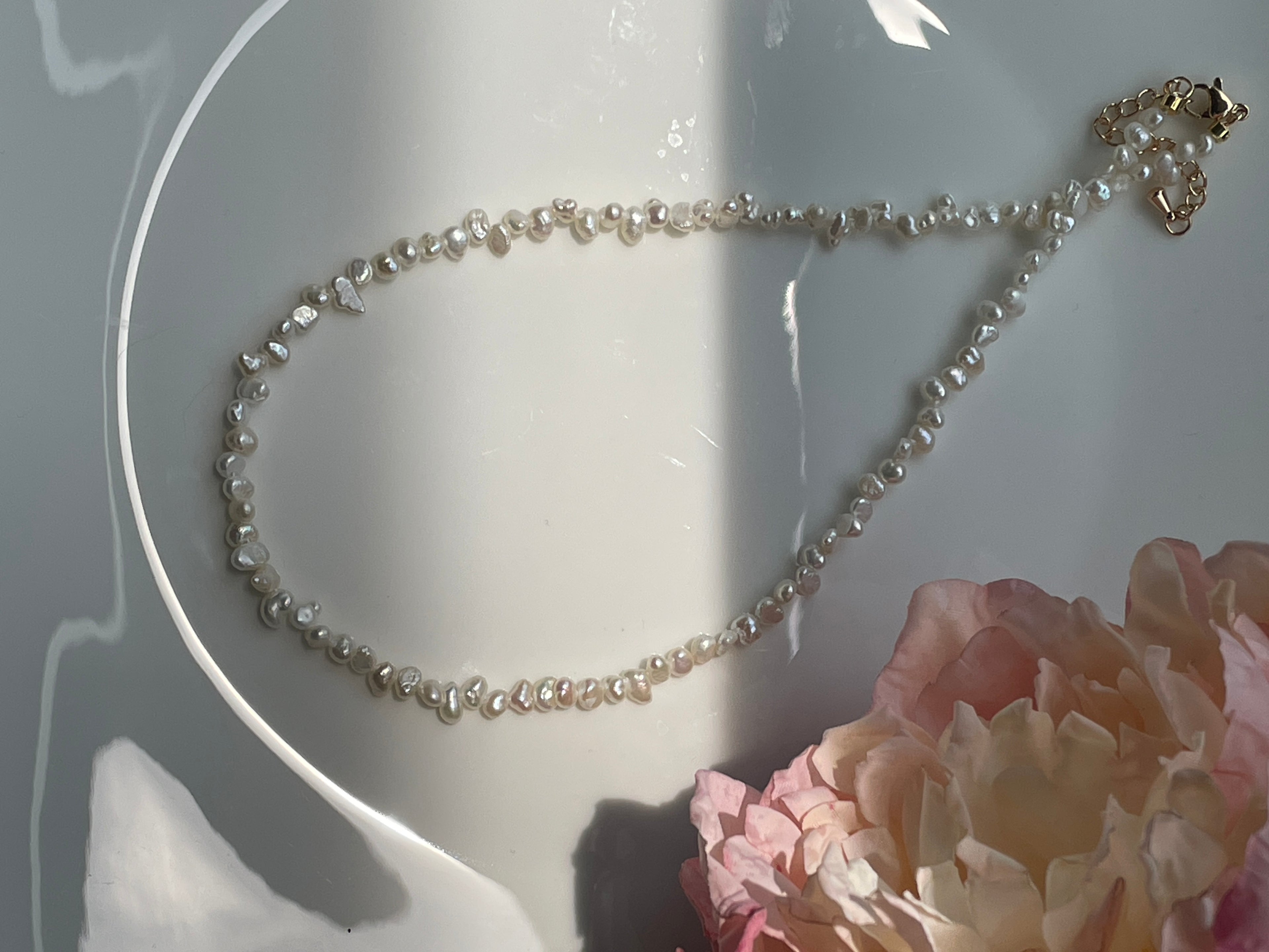 Baroque Necklace 4 - Fine Delicate Keshi Fragment‑Shaped Pearl Choker, Minimalist Dainty Women’s Neck Jewelry
