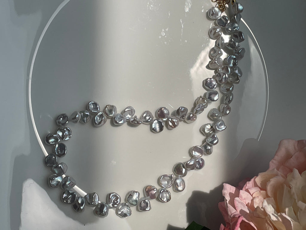 Keshi Baroque Necklace 3 - Rare Aurora Silver-Blue Keshi Petal Pearl Necklace, Premium Grade Coastal Vibe Jewelry