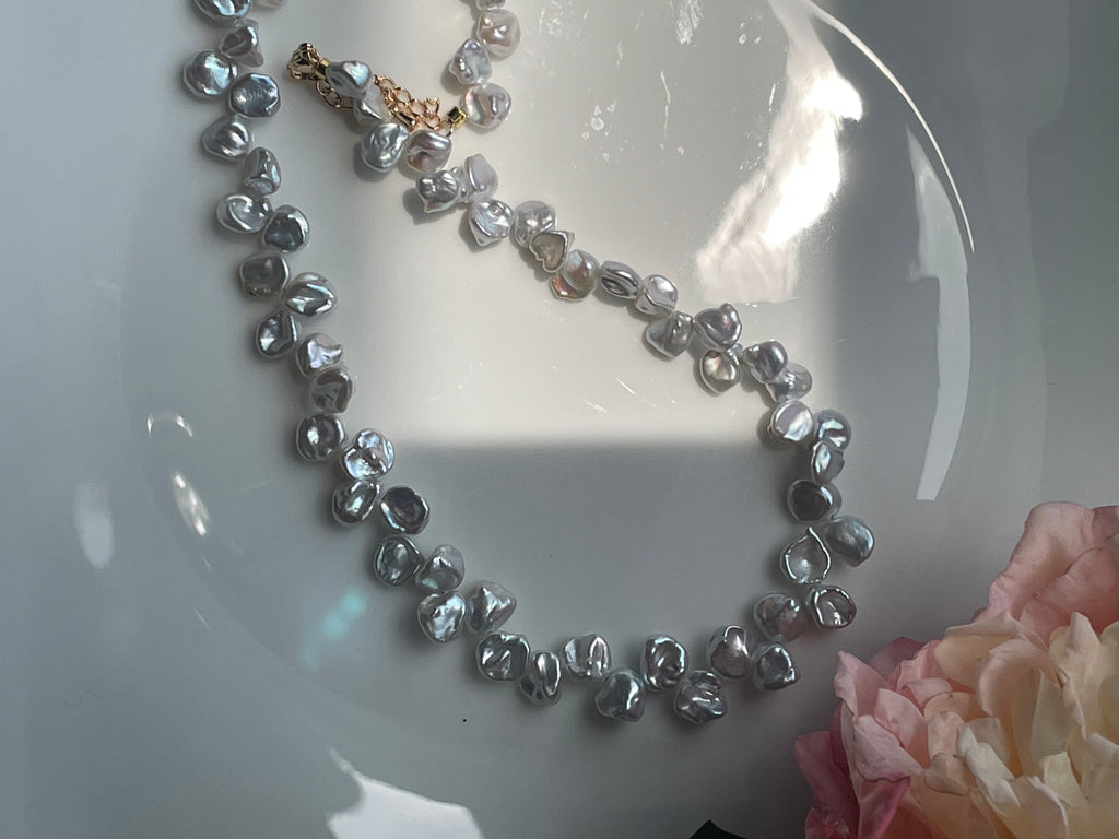 Keshi Baroque Necklace 3 - Rare Aurora Silver-Blue Keshi Petal Pearl Necklace, Premium Grade Coastal Vibe Jewelry
