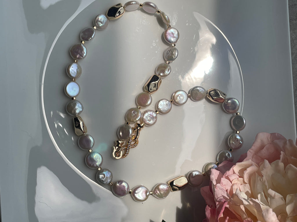 Baroque Necklace 2 - 12mm Premium Aurora Smooth Coin Pearl Necklace, Gold Tone Accent Statement Jewelry