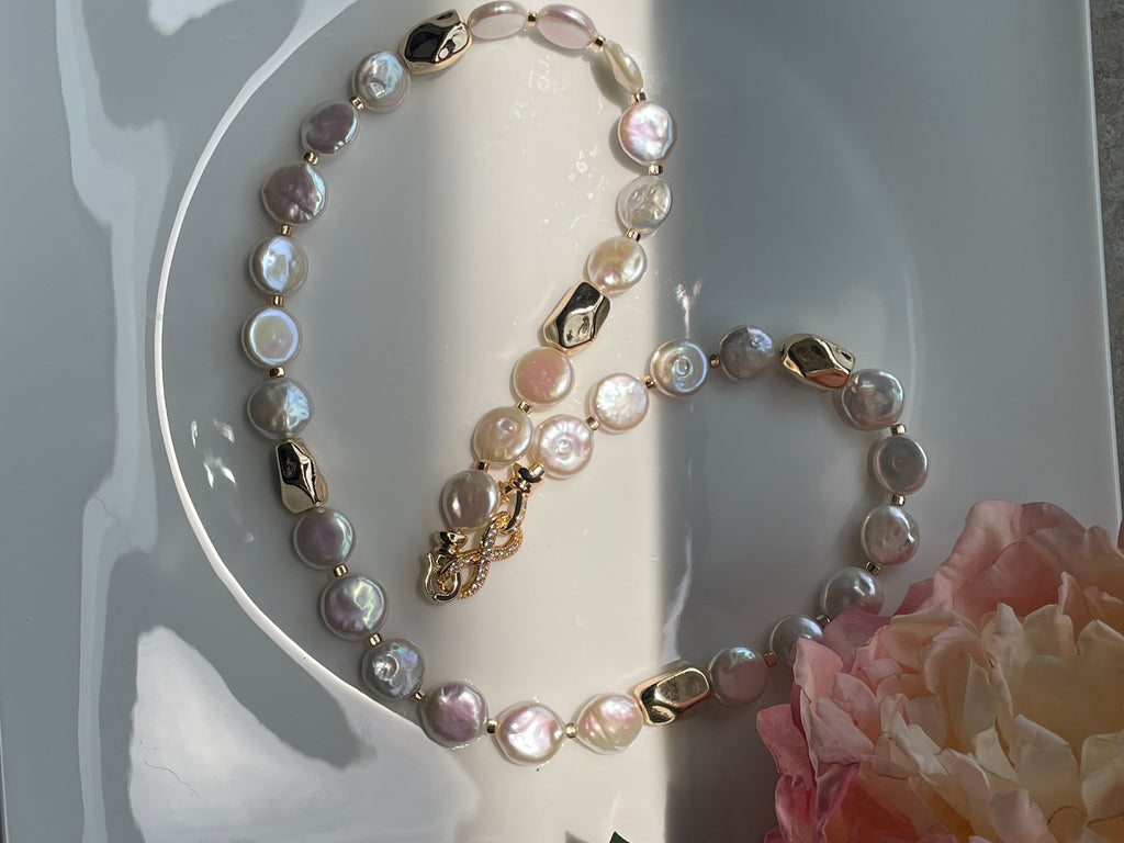 Baroque Necklace 2 - 12mm Premium Aurora Smooth Coin Pearl Necklace, Gold Tone Accent Statement Jewelry