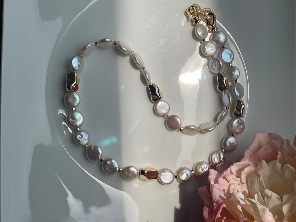 Baroque Necklace 2 - 12mm Premium Aurora Smooth Coin Pearl Necklace, Gold Tone Accent Statement Jewelry