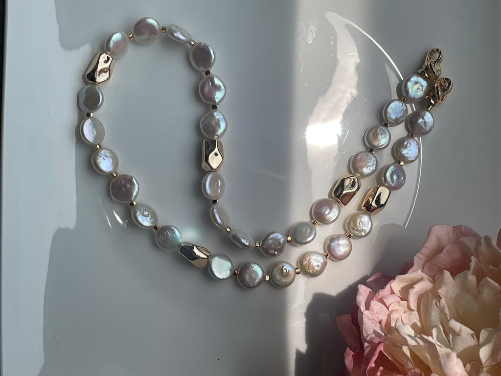 Baroque Necklace 2 - 12mm Premium Aurora Smooth Coin Pearl Necklace, Gold Tone Accent Statement Jewelry