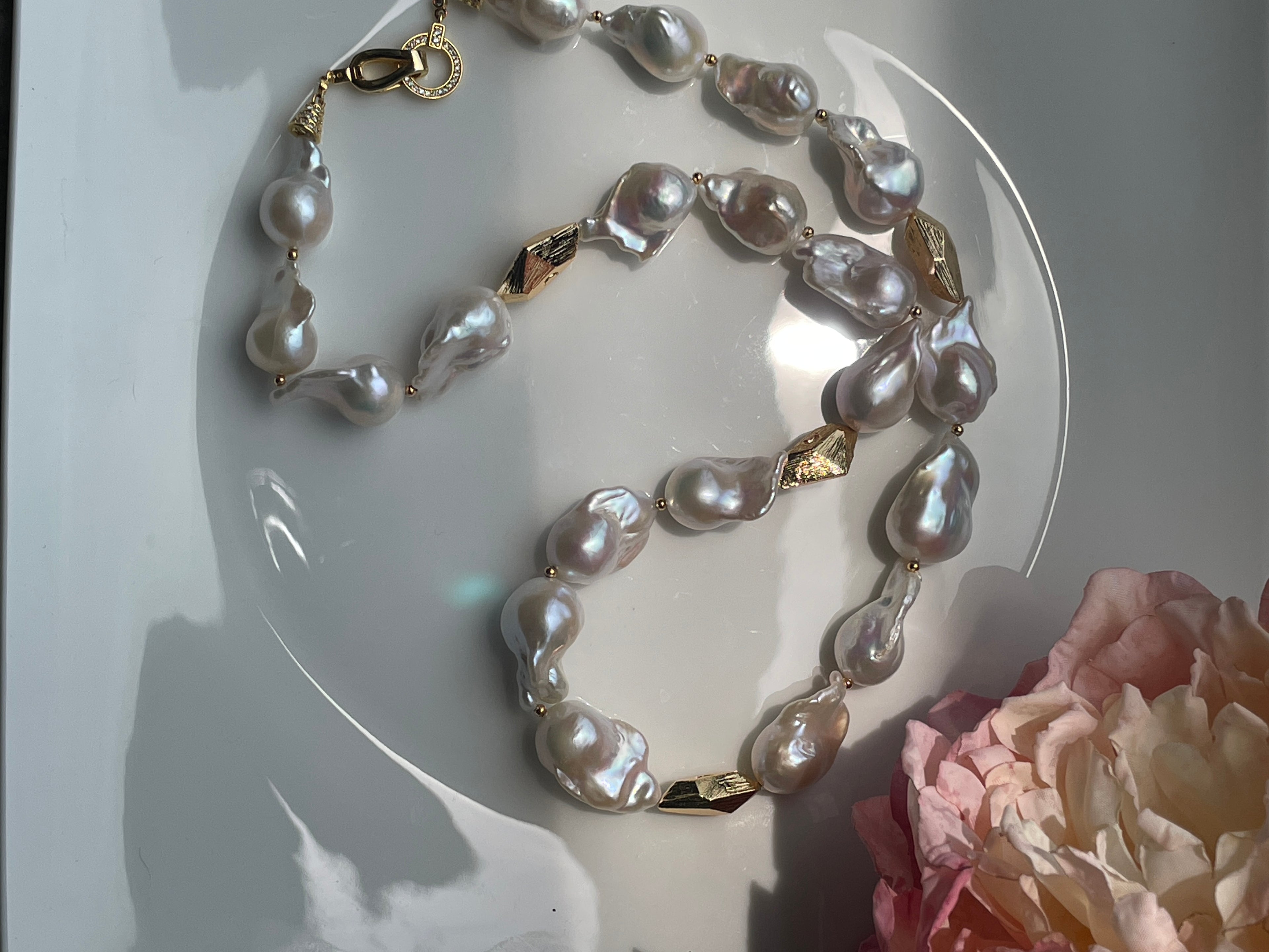 Baroque Necklace 1 - Top Grade Aurora Mirror Smooth Baroque Pearl Necklace, Gold Tone Faceted Statement Jewelry