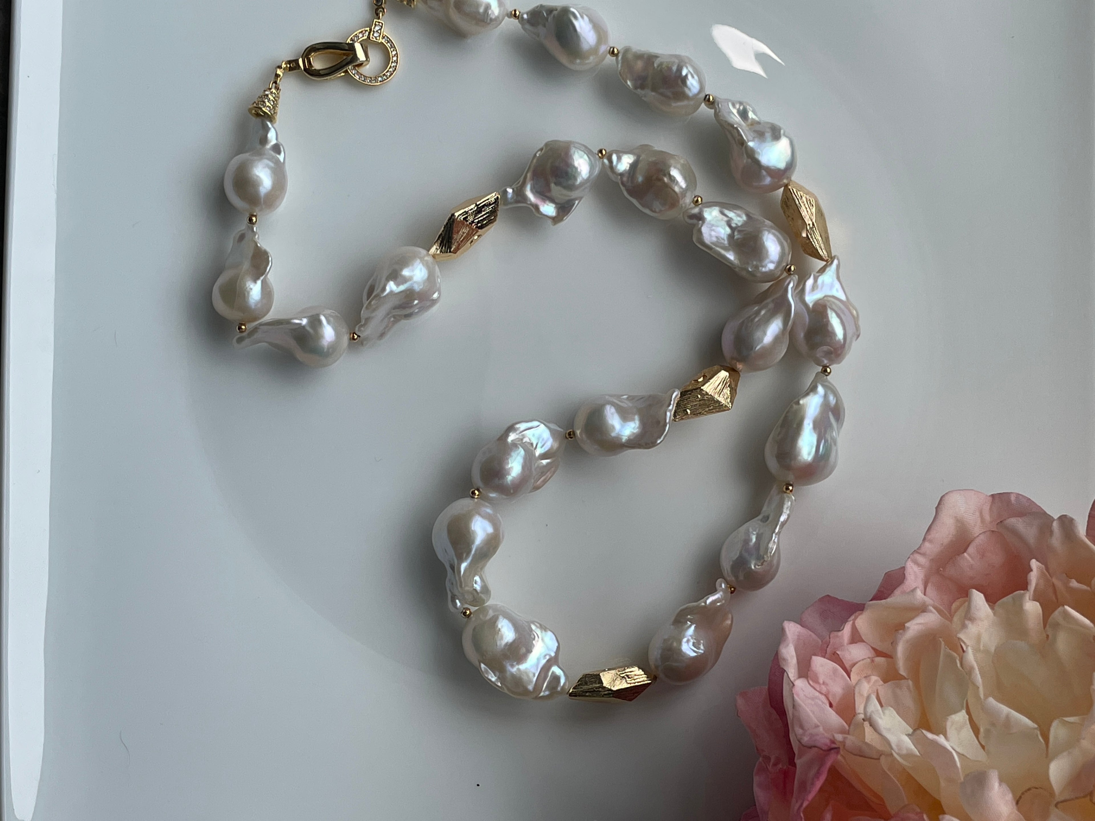 Baroque Necklace 1 - Top Grade Aurora Mirror Smooth Baroque Pearl Necklace, Gold Tone Faceted Statement Jewelry