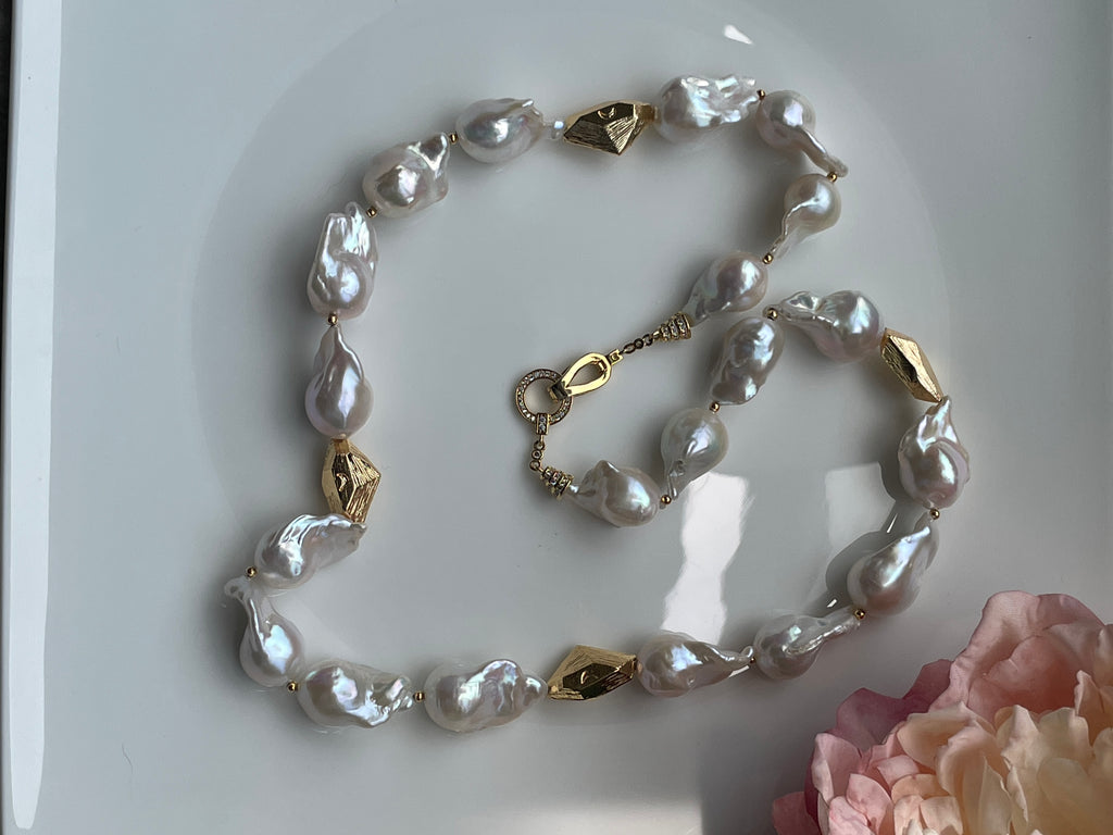 Baroque Necklace 1 - Top Grade Aurora Mirror Smooth Baroque Pearl Necklace, Gold Tone Faceted Statement Jewelry