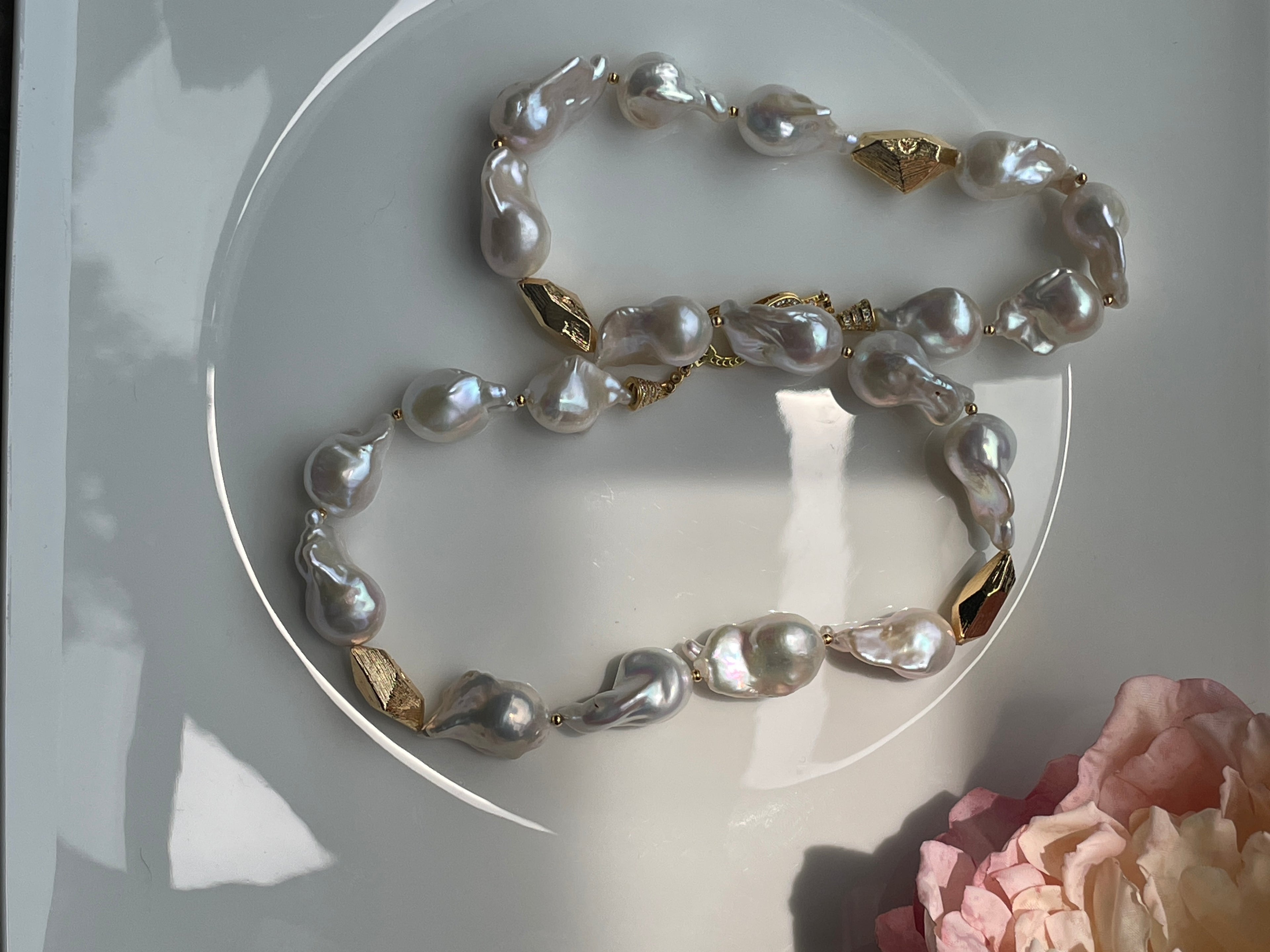 Baroque Necklace 1 - Top Grade Aurora Mirror Smooth Baroque Pearl Necklace, Gold Tone Faceted Statement Jewelry