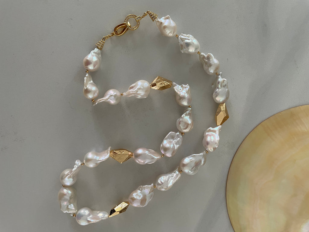 Baroque Necklace 1 - Top Grade Aurora Mirror Smooth Baroque Pearl Necklace, Gold Tone Faceted Statement Jewelry