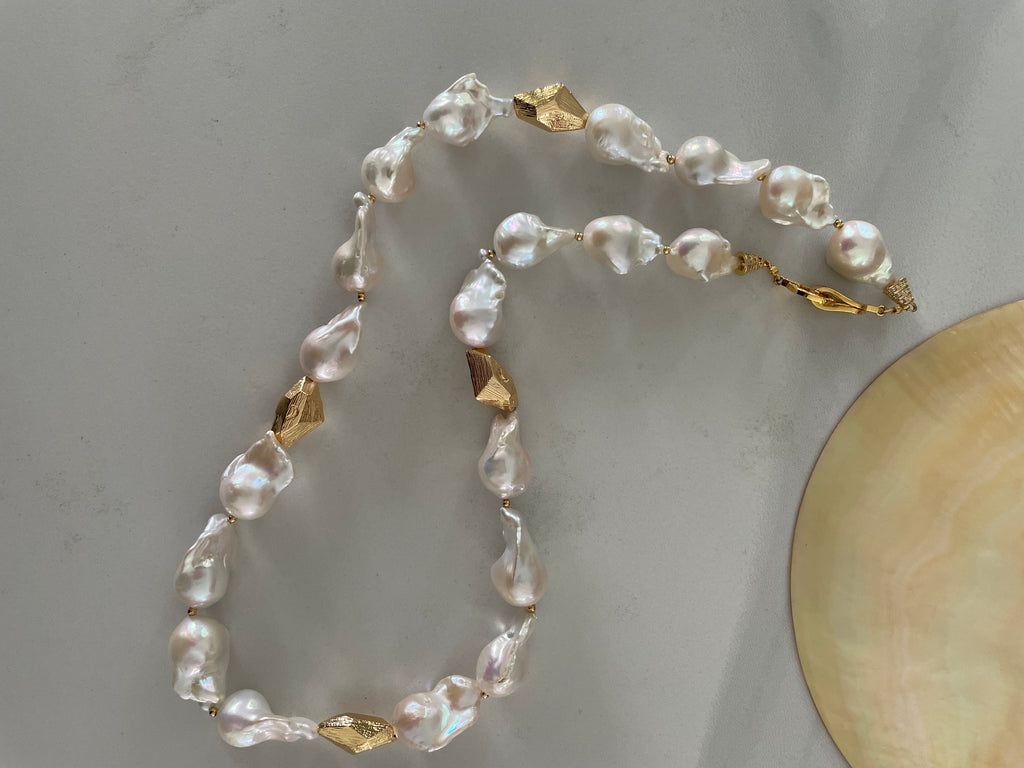 Baroque Necklace 1 - Top Grade Aurora Mirror Smooth Baroque Pearl Necklace, Gold Tone Faceted Statement Jewelry