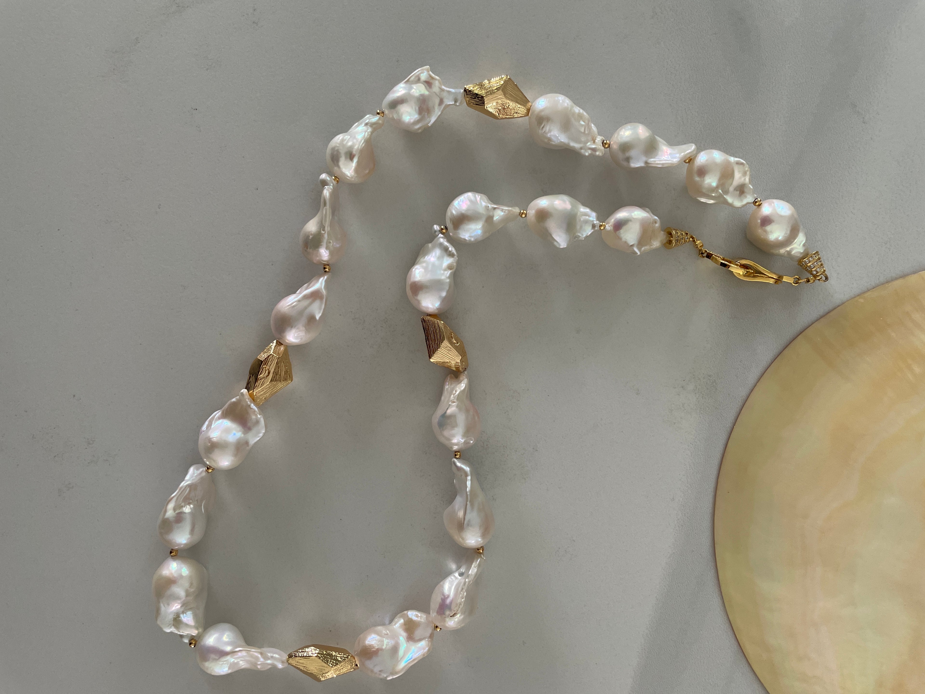 Baroque Necklace 1 - Top Grade Aurora Mirror Smooth Baroque Pearl Necklace, Gold Tone Faceted Statement Jewelry