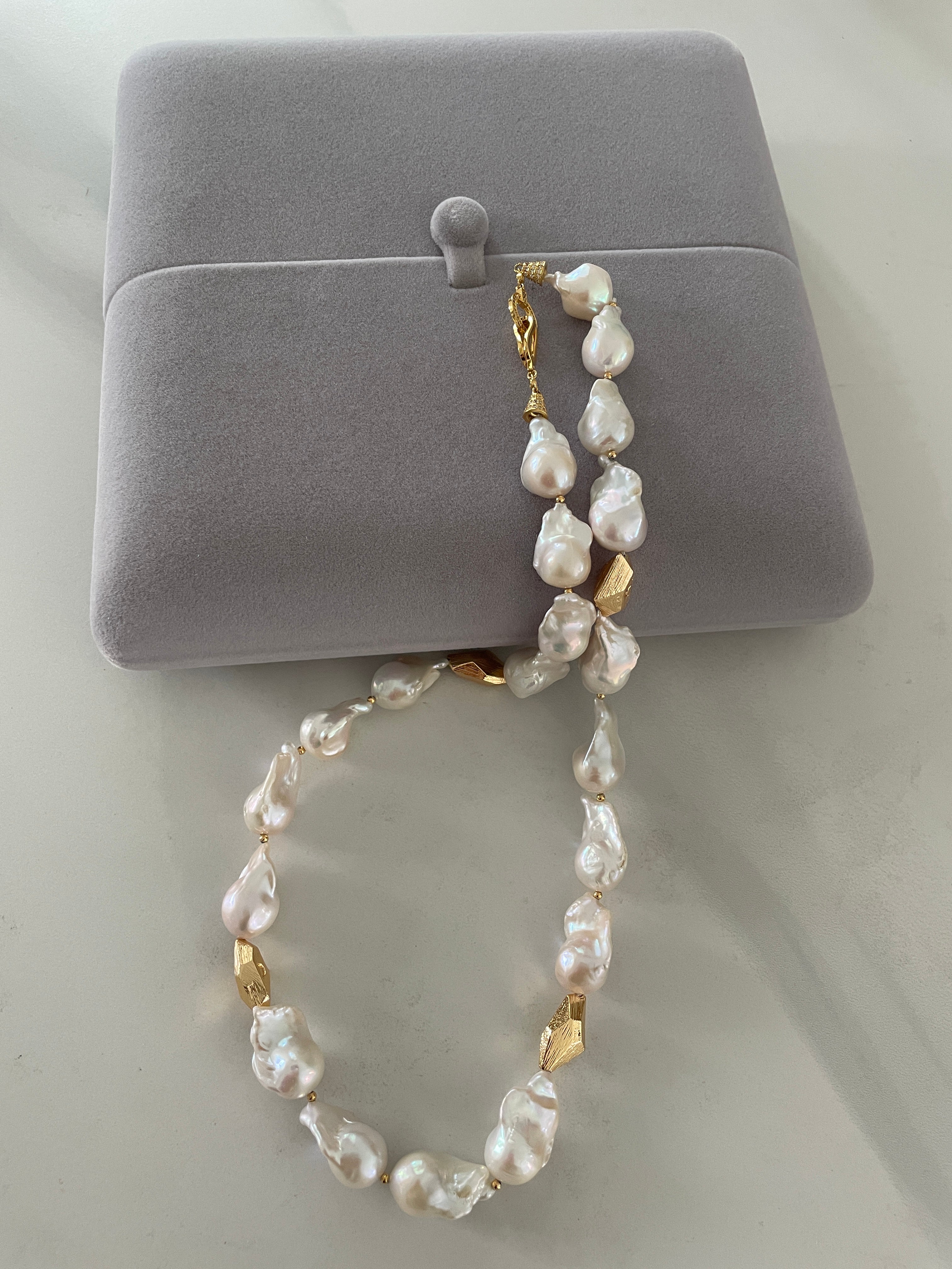 Baroque Necklace 1 - Top Grade Aurora Mirror Smooth Baroque Pearl Necklace, Gold Tone Faceted Statement Jewelry