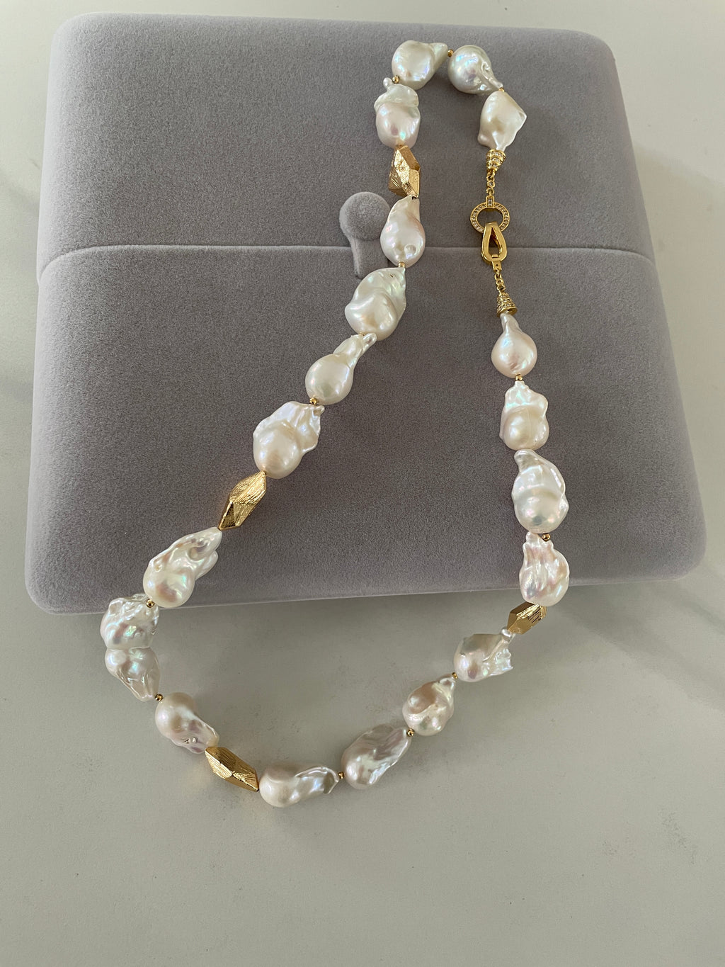 Baroque Necklace 1 - Top Grade Aurora Mirror Smooth Baroque Pearl Necklace, Gold Tone Faceted Statement Jewelry