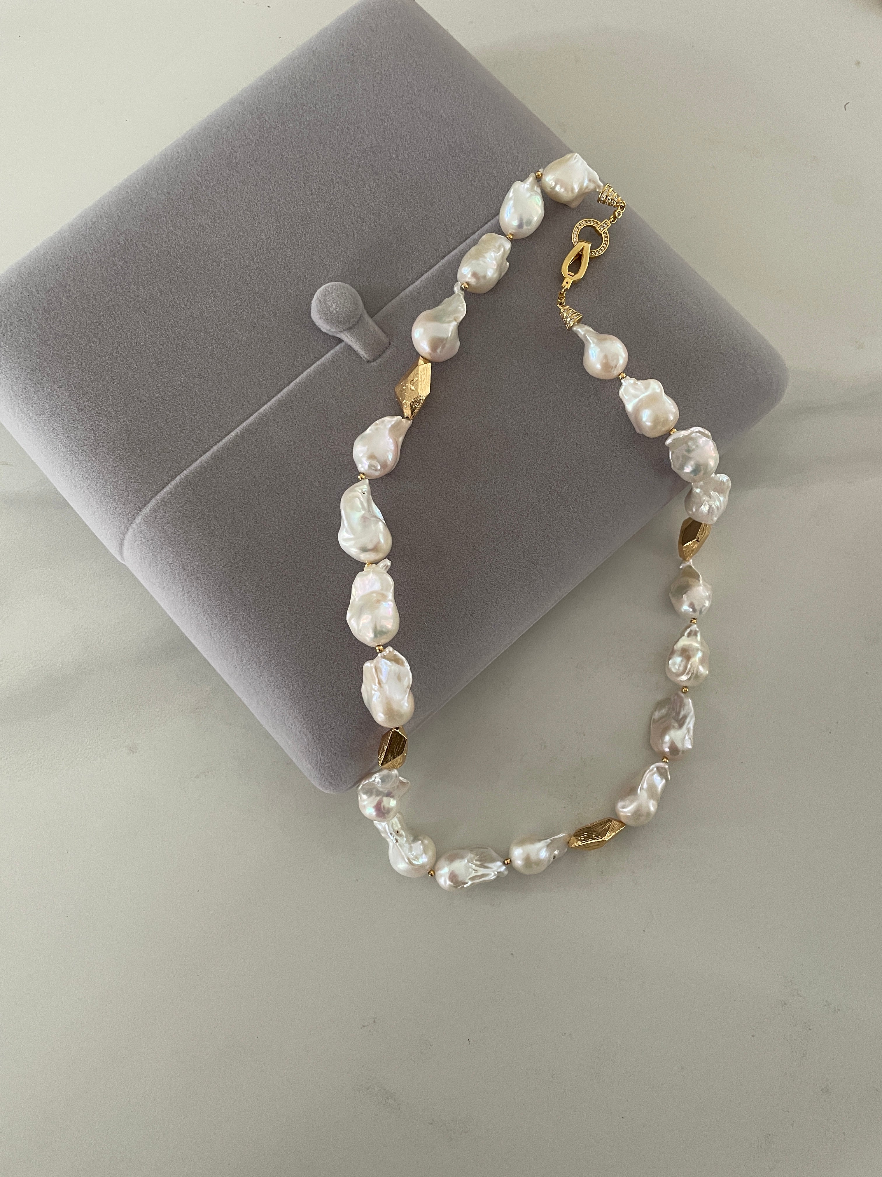 Baroque Necklace 1 - Top Grade Aurora Mirror Smooth Baroque Pearl Necklace, Gold Tone Faceted Statement Jewelry
