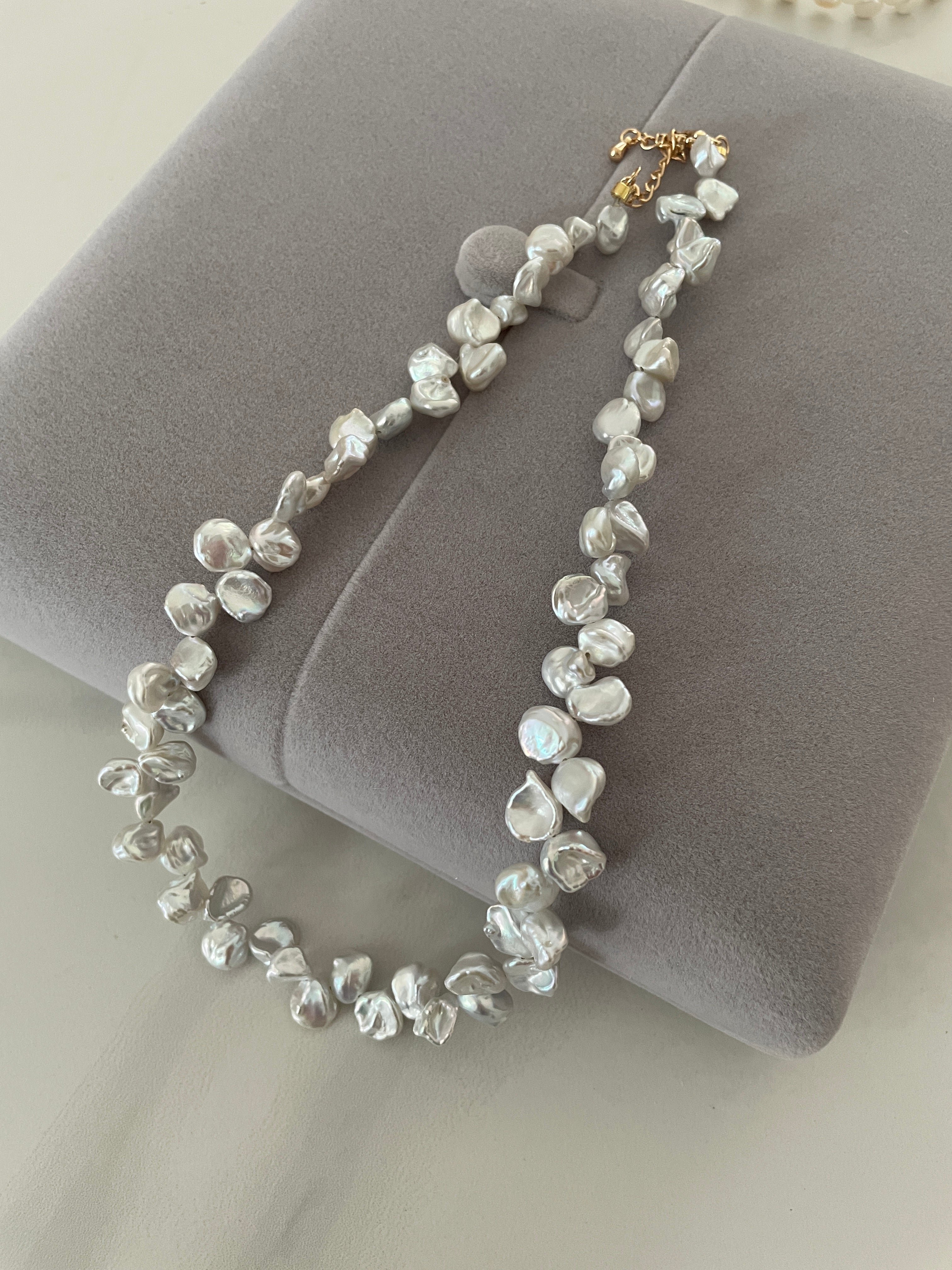 Keshi Baroque Necklace 3 - Rare Aurora Silver-Blue Keshi Petal Pearl Necklace, Premium Grade Coastal Vibe Jewelry