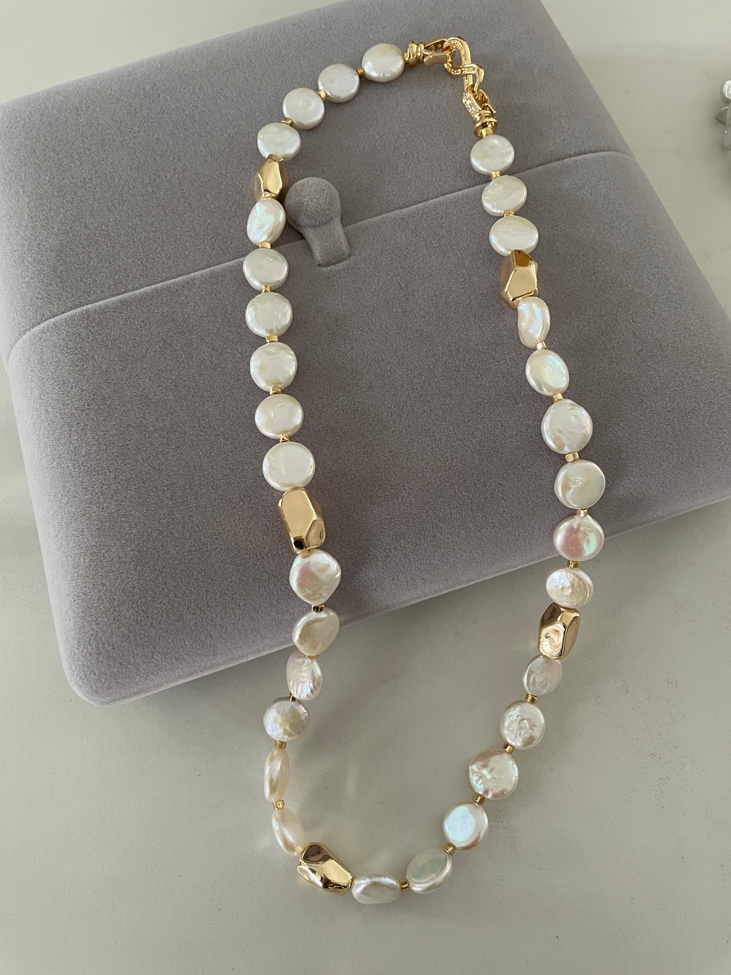 Baroque Necklace 2 - 12mm Premium Aurora Smooth Coin Pearl Necklace, Gold Tone Accent Statement Jewelry