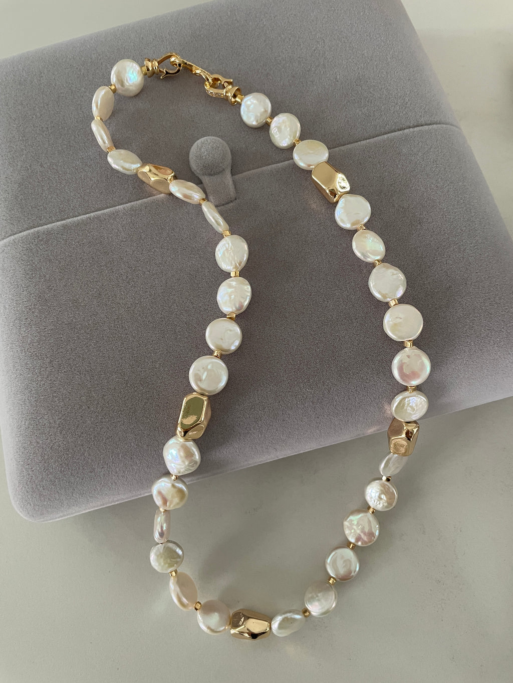 Baroque Necklace 2 - 12mm Premium Aurora Smooth Coin Pearl Necklace, Gold Tone Accent Statement Jewelry