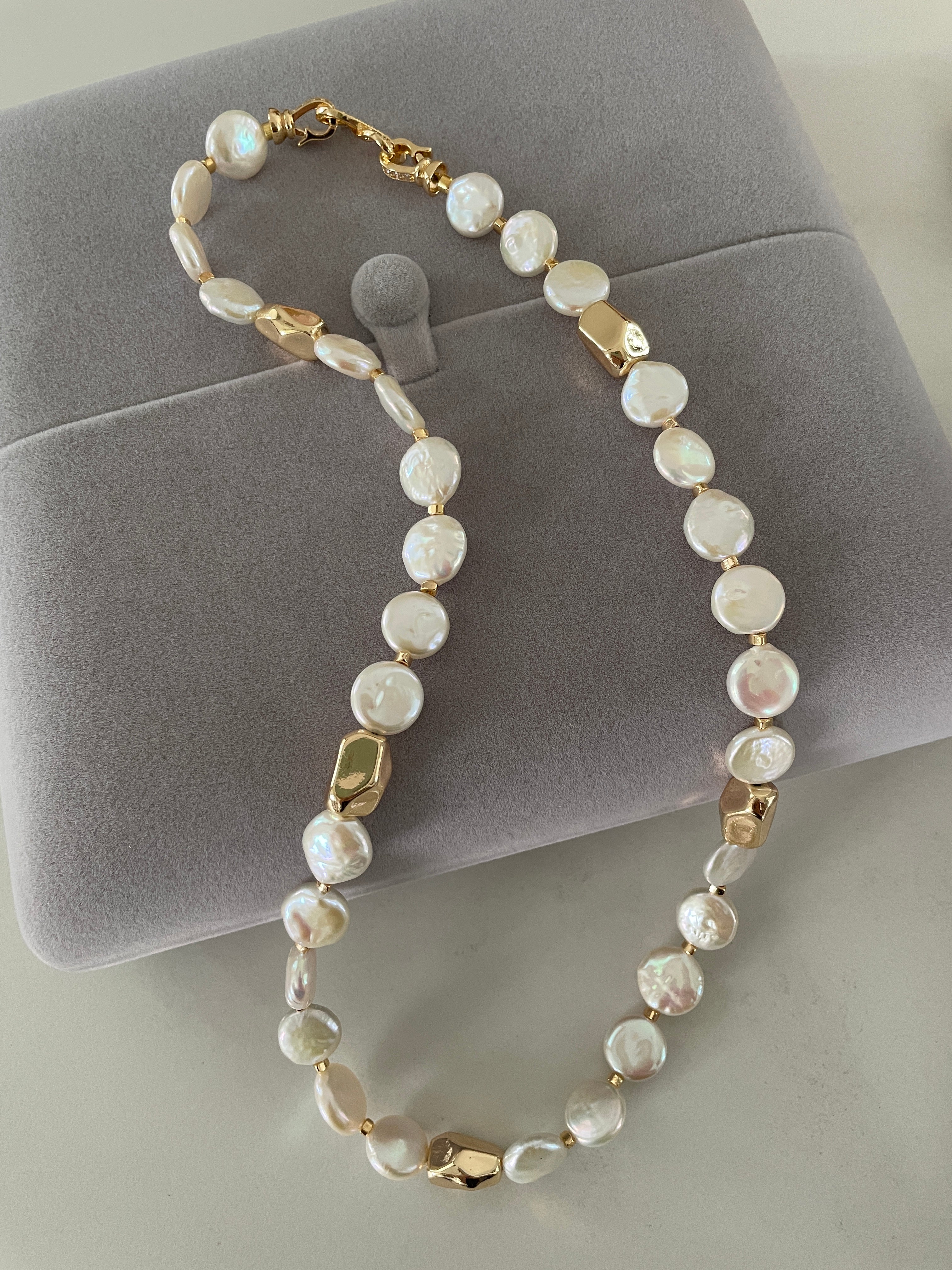 Baroque Necklace 2 - 12mm Premium Aurora Smooth Coin Pearl Necklace, Gold Tone Accent Statement Jewelry