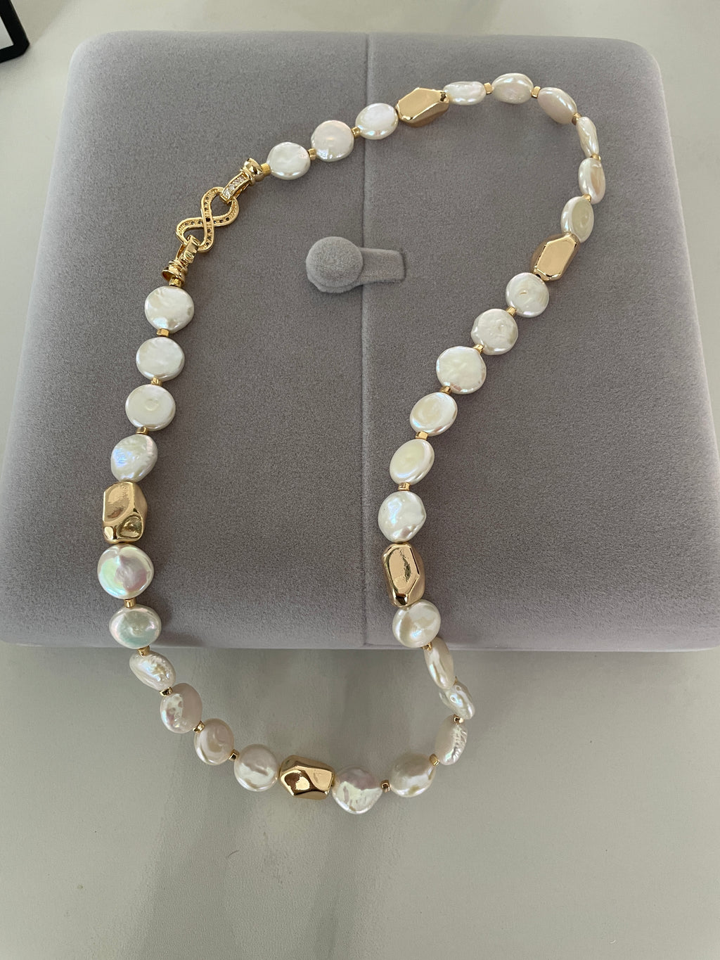 Baroque Necklace 2 - 12mm Premium Aurora Smooth Coin Pearl Necklace, Gold Tone Accent Statement Jewelry
