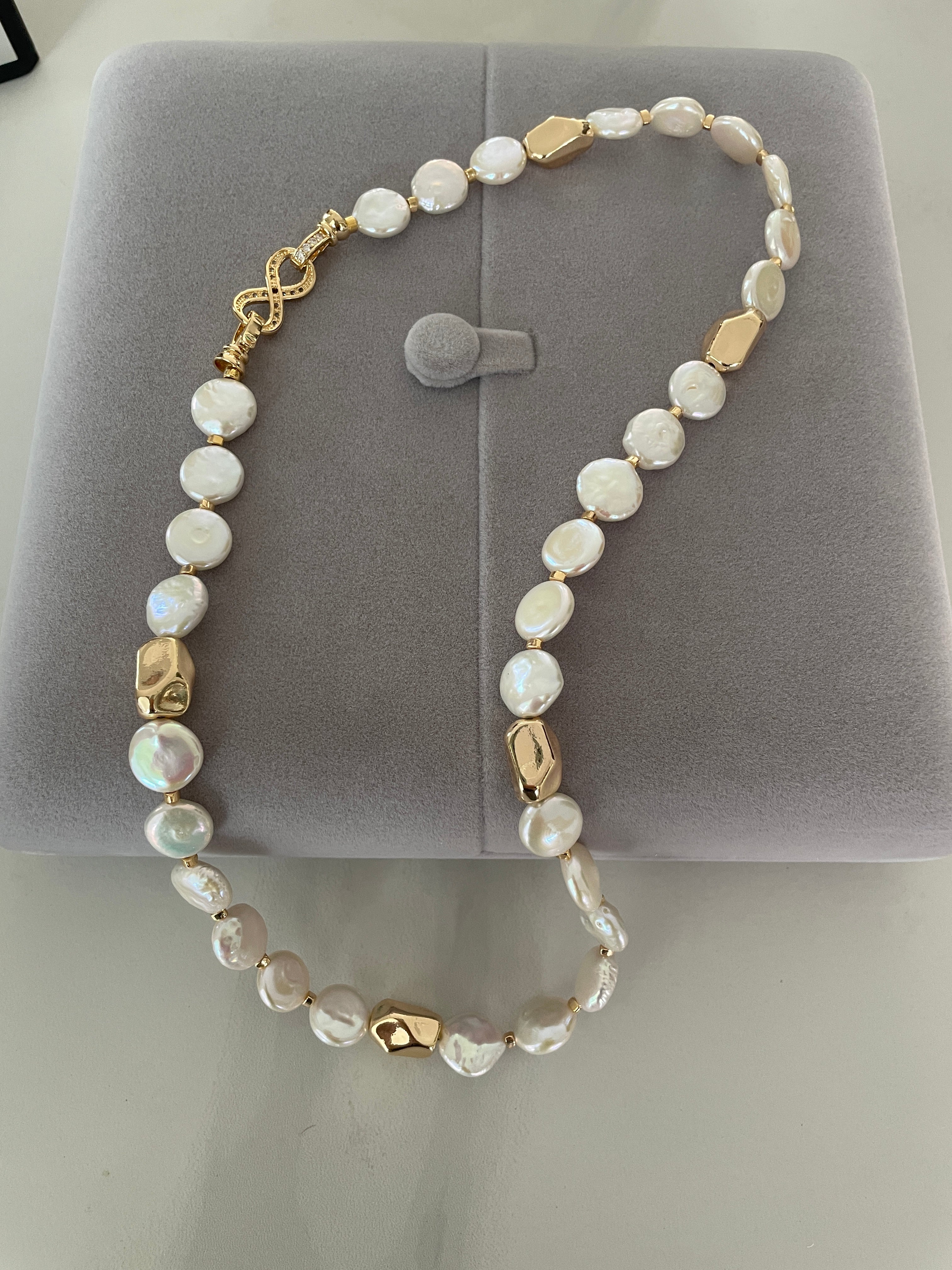 Baroque Necklace 2 - 12mm Premium Aurora Smooth Coin Pearl Necklace, Gold Tone Accent Statement Jewelry