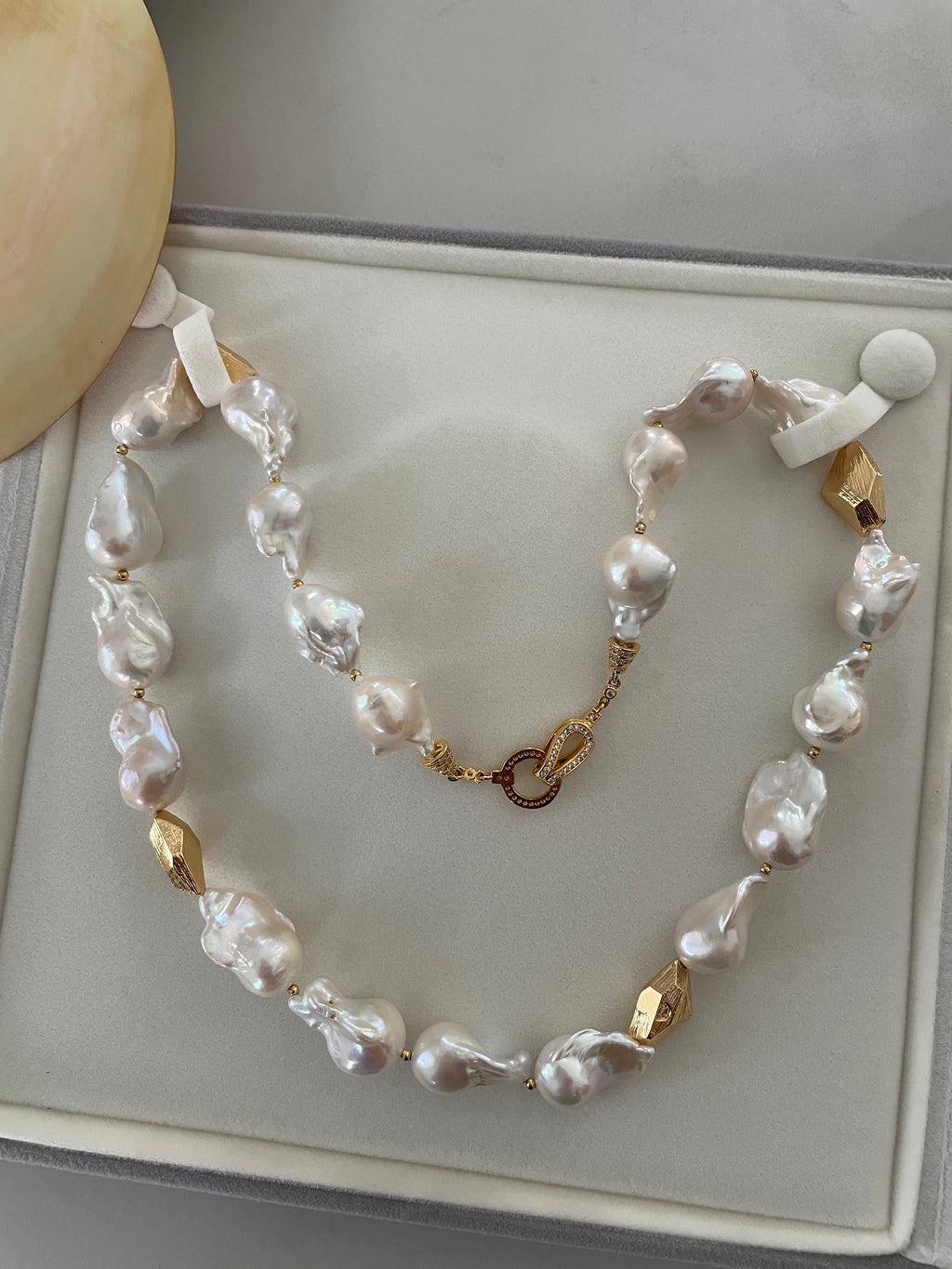 Baroque Necklace 1 - Top Grade Aurora Mirror Smooth Baroque Pearl Necklace, Gold Tone Faceted Statement Jewelry