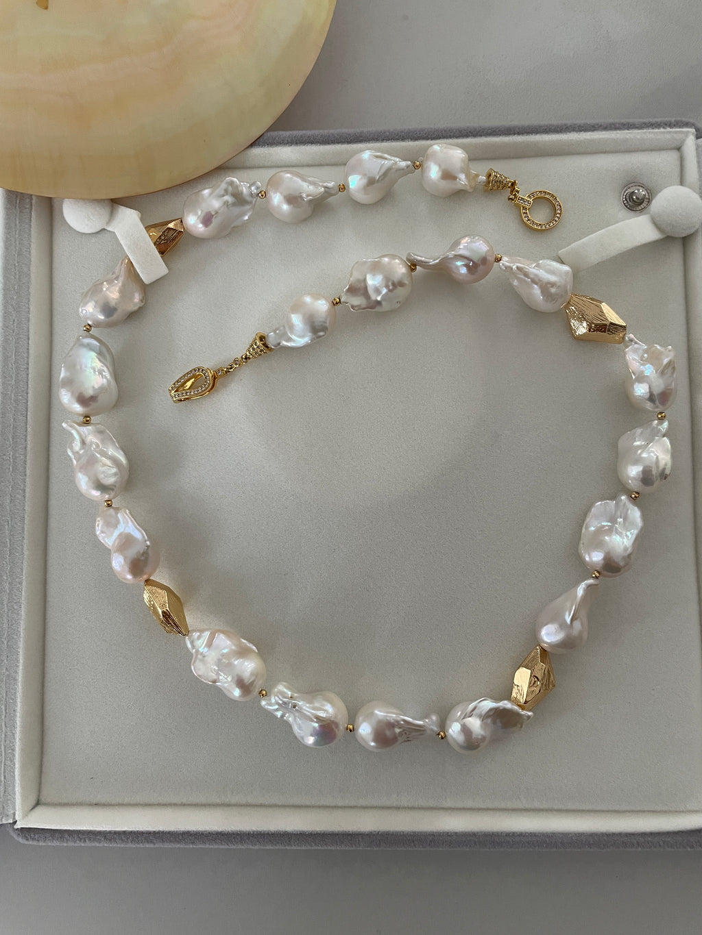 Baroque Necklace 1 - Top Grade Aurora Mirror Smooth Baroque Pearl Necklace, Gold Tone Faceted Statement Jewelry