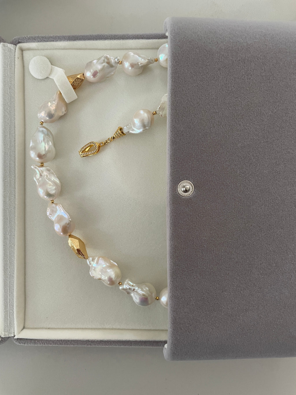Baroque Necklace 1 - Top Grade Aurora Mirror Smooth Baroque Pearl Necklace, Gold Tone Faceted Statement Jewelry