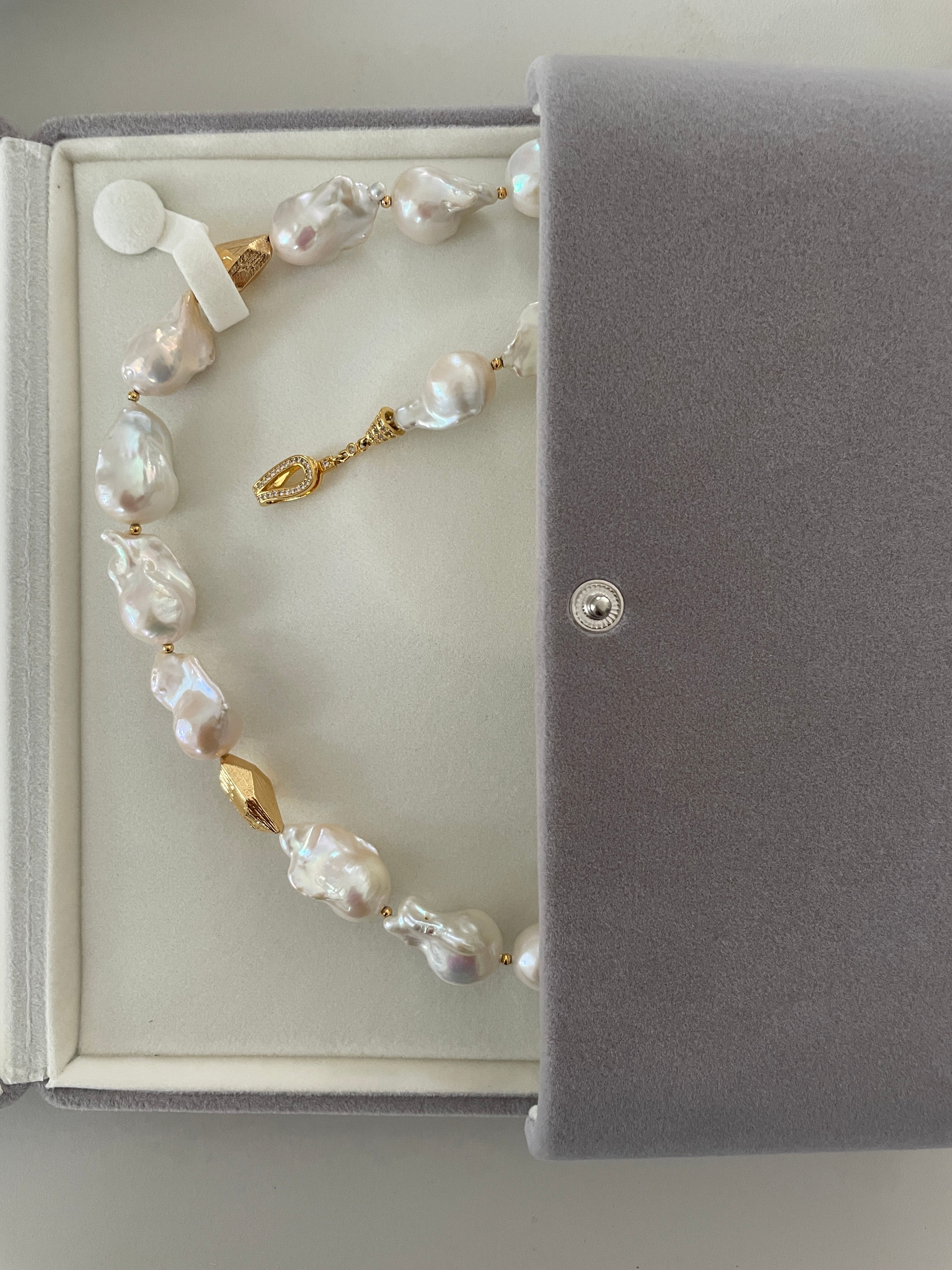 Baroque Necklace 1 - Top Grade Aurora Mirror Smooth Baroque Pearl Necklace, Gold Tone Faceted Statement Jewelry