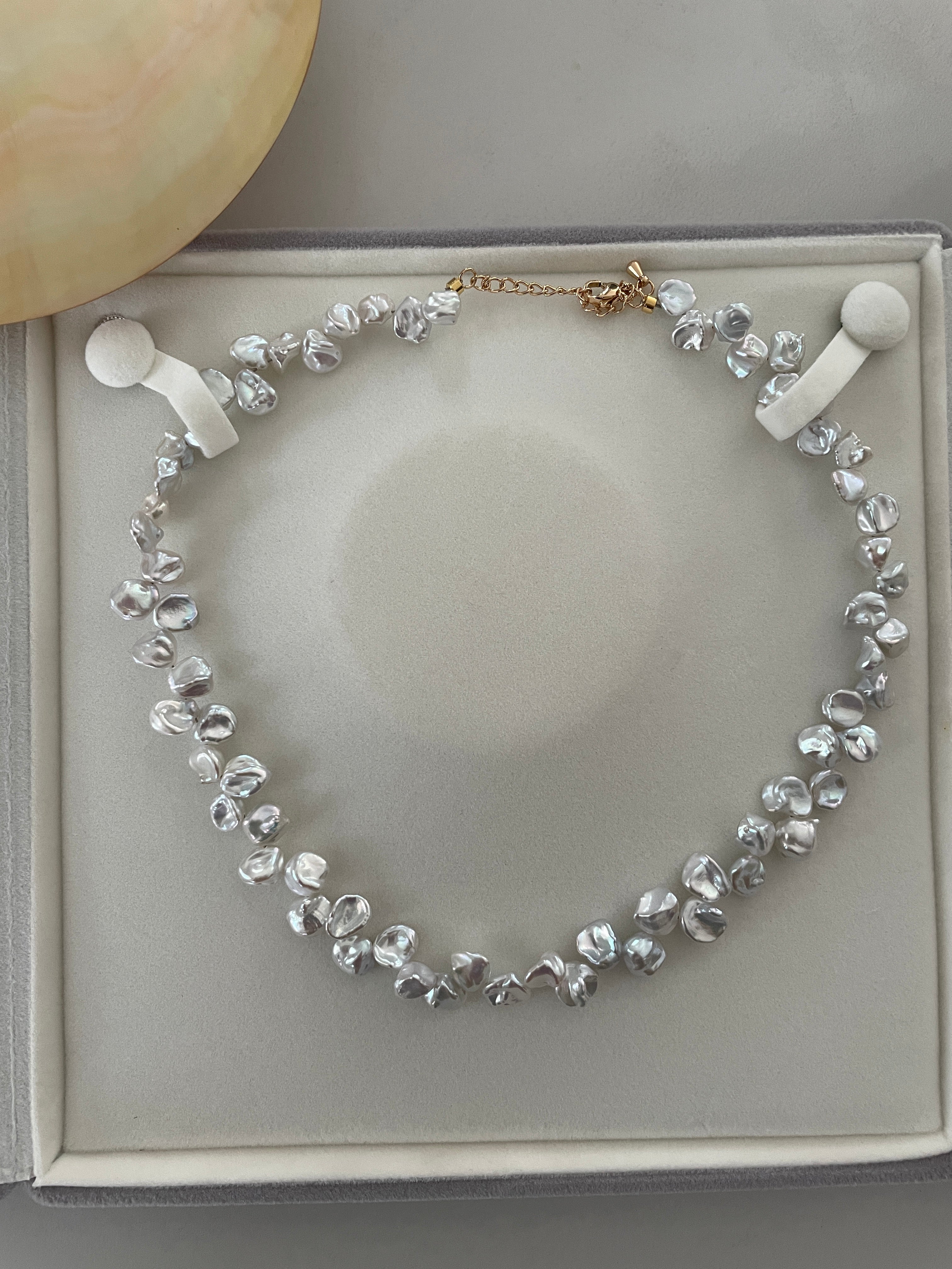 Keshi Baroque Necklace 3 - Rare Aurora Silver-Blue Keshi Petal Pearl Necklace, Premium Grade Coastal Vibe Jewelry