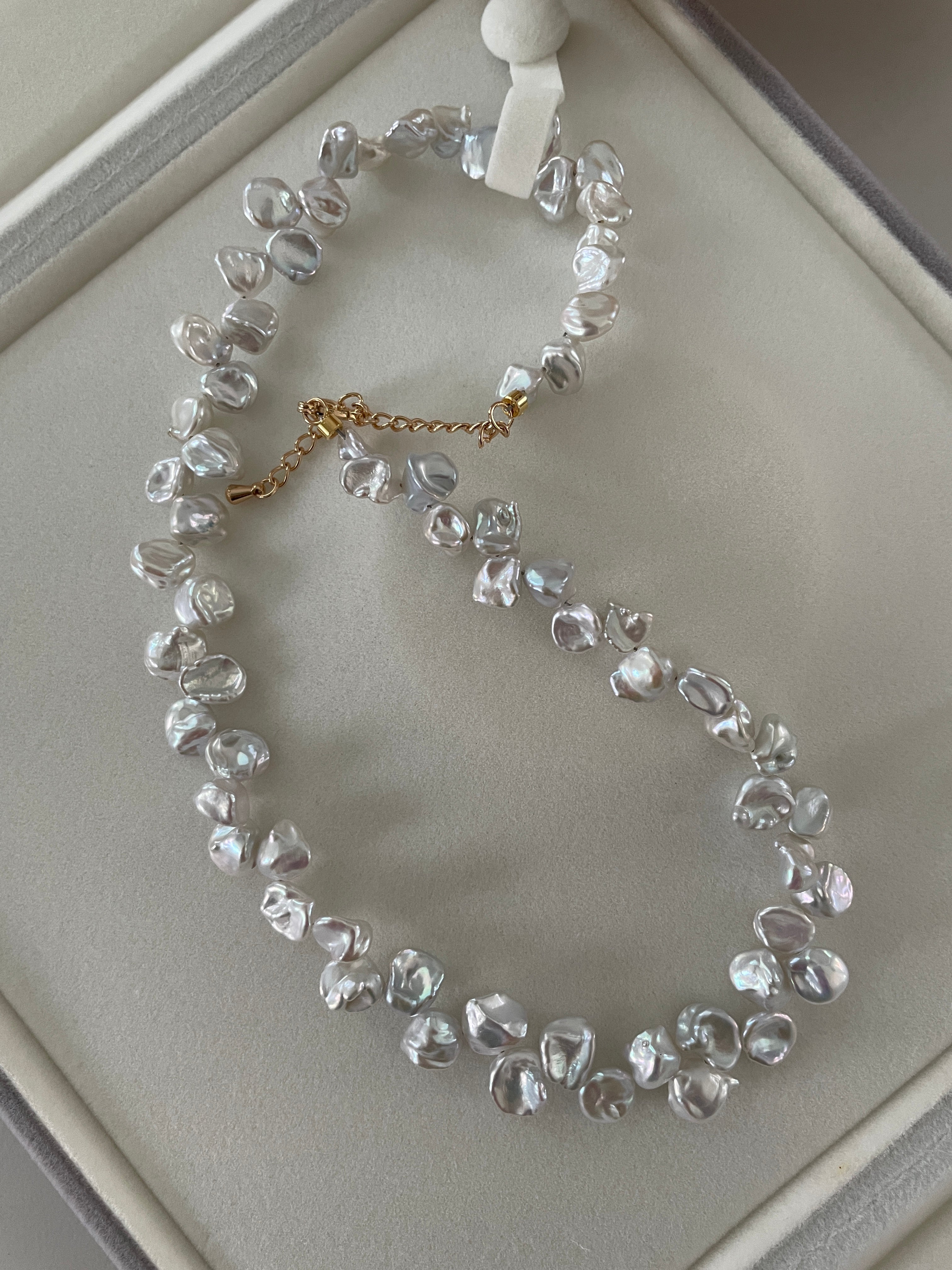 Keshi Baroque Necklace 3 - Rare Aurora Silver-Blue Keshi Petal Pearl Necklace, Premium Grade Coastal Vibe Jewelry