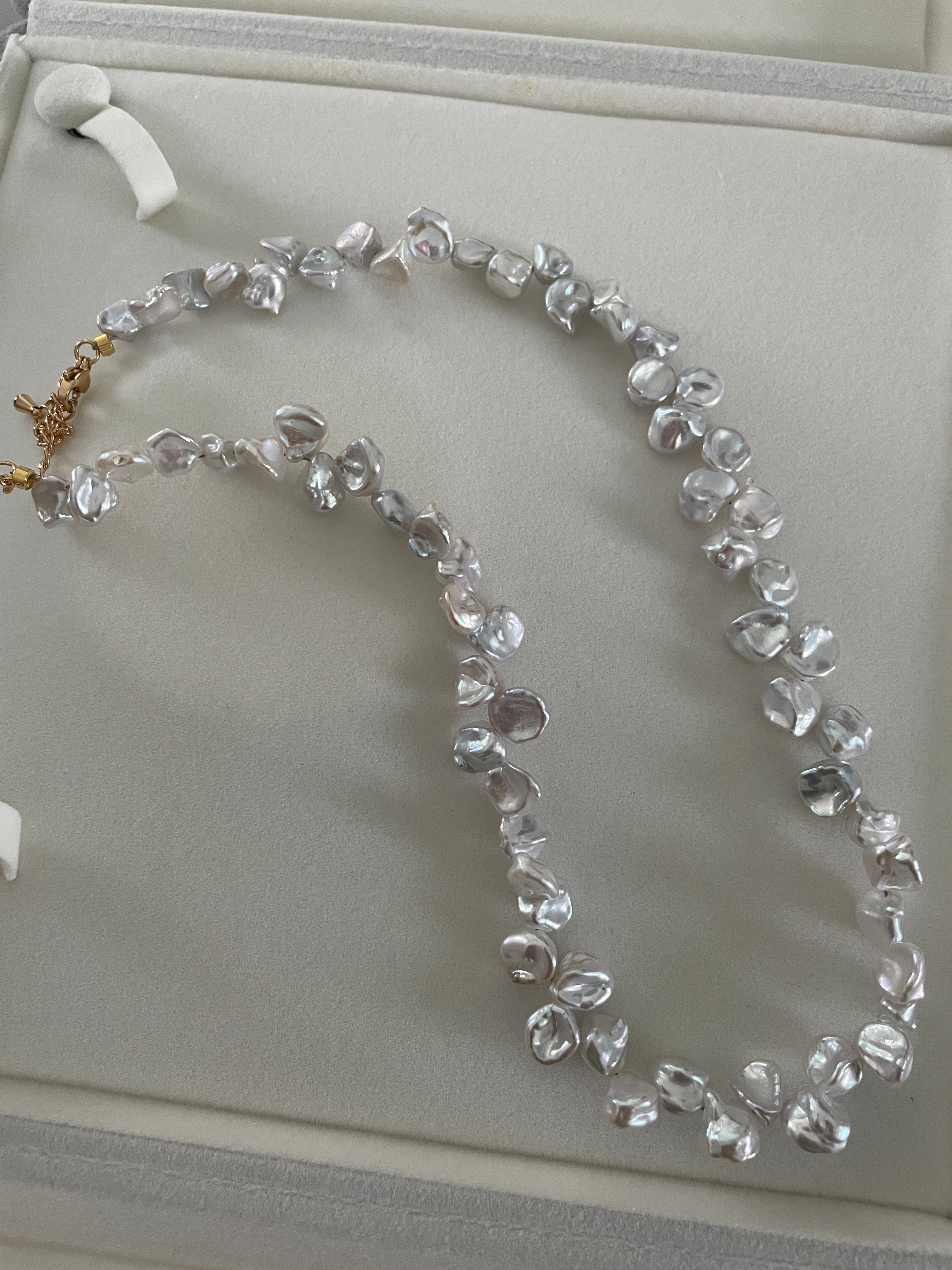 Keshi Baroque Necklace 3 - Rare Aurora Silver-Blue Keshi Petal Pearl Necklace, Premium Grade Coastal Vibe Jewelry