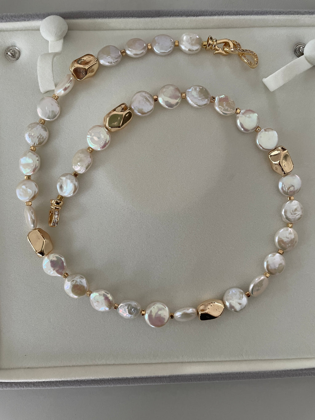 Baroque Necklace 2 - 12mm Premium Aurora Smooth Coin Pearl Necklace, Gold Tone Accent Statement Jewelry