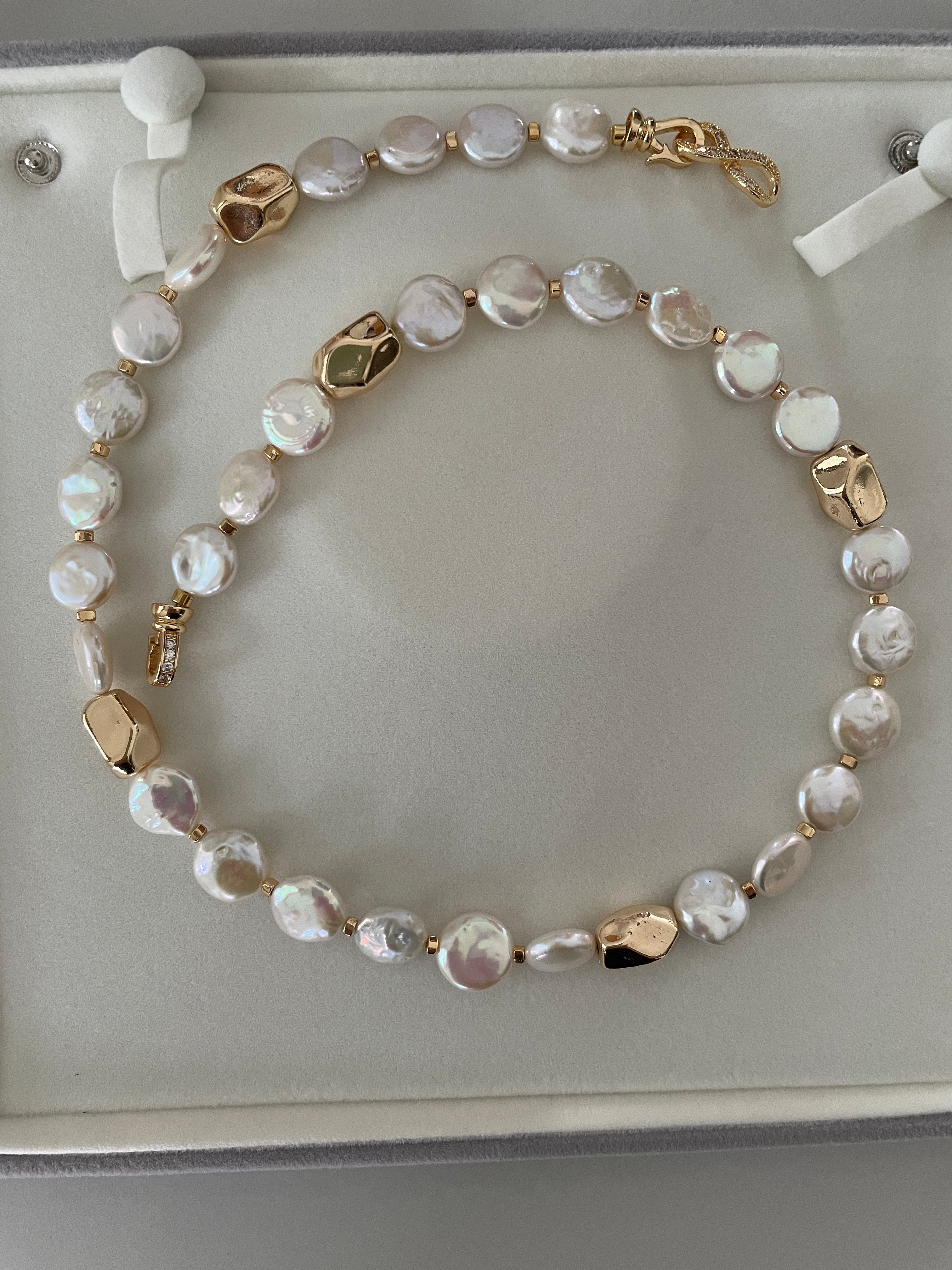Baroque Necklace 2 - 12mm Premium Aurora Smooth Coin Pearl Necklace, Gold Tone Accent Statement Jewelry