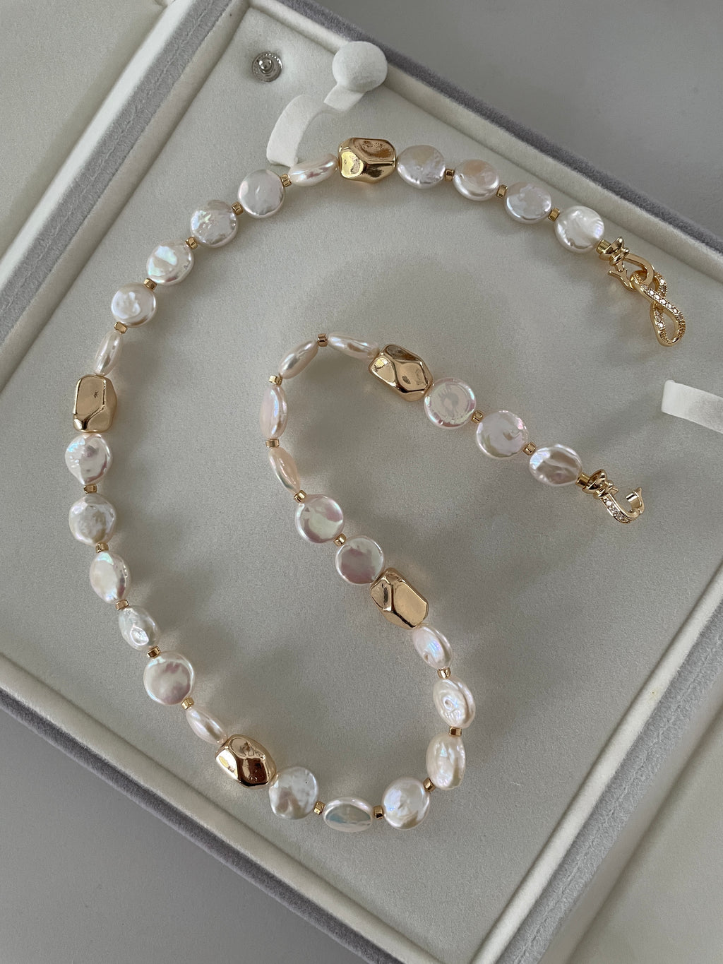 Baroque Necklace 2 - 12mm Premium Aurora Smooth Coin Pearl Necklace, Gold Tone Accent Statement Jewelry