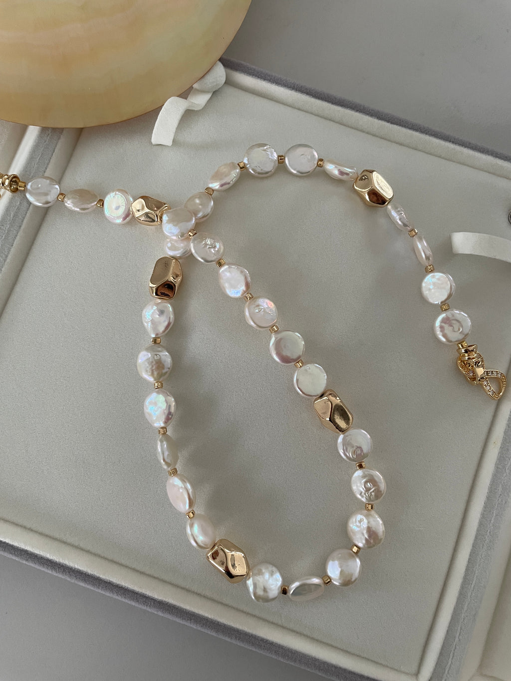 Baroque Necklace 2 - 12mm Premium Aurora Smooth Coin Pearl Necklace, Gold Tone Accent Statement Jewelry
