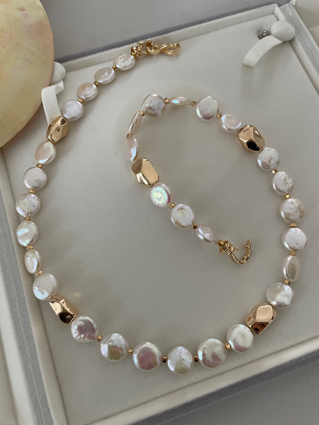 Baroque Necklace 2 - 12mm Premium Aurora Smooth Coin Pearl Necklace, Gold Tone Accent Statement Jewelry