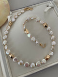 Baroque Necklace 2 - 12mm Premium Aurora Smooth Coin Pearl Necklace, Gold Tone Accent Statement Jewelry