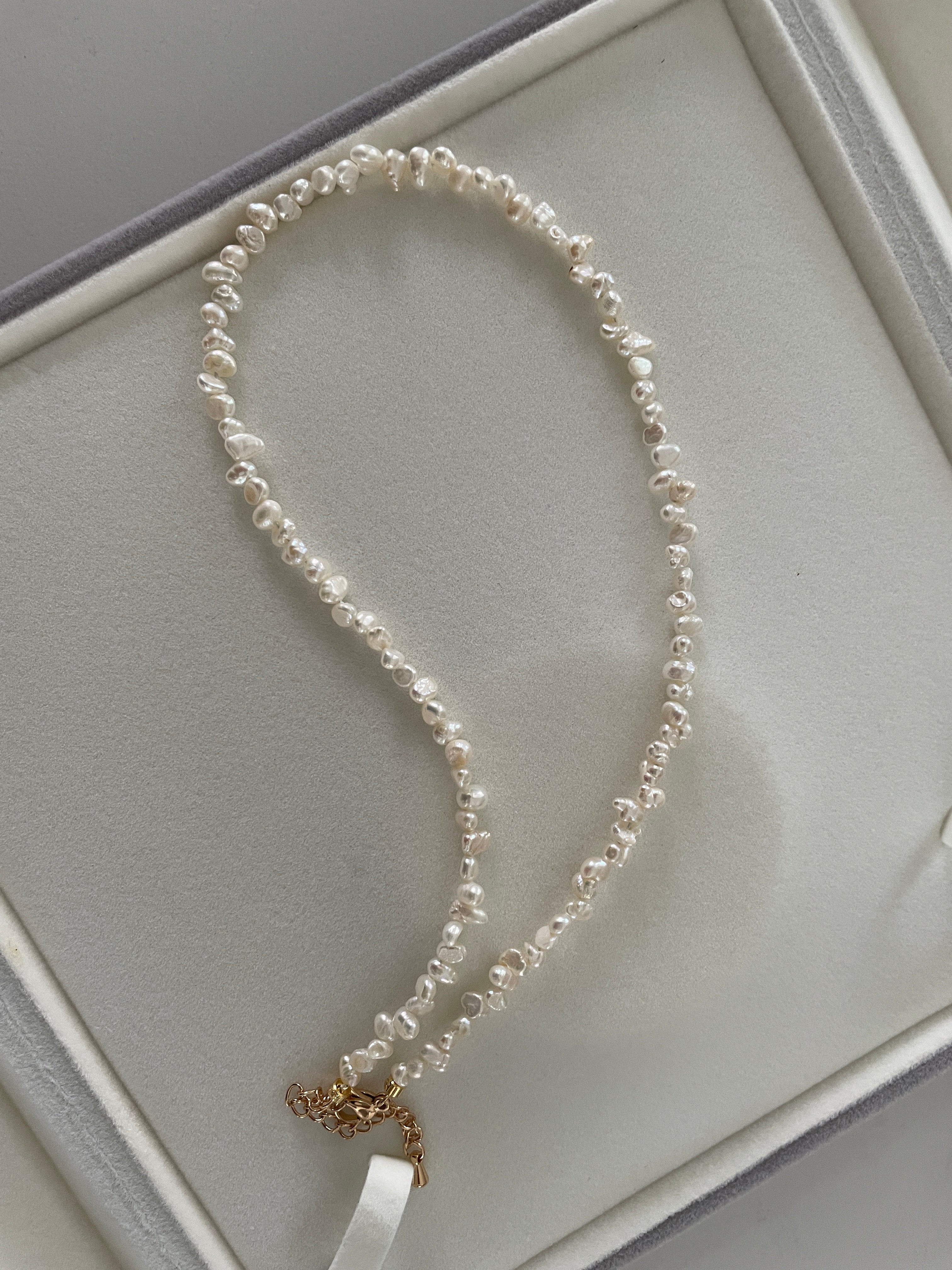 Baroque Necklace 4 - Fine Delicate Keshi Fragment‑Shaped Pearl Choker, Minimalist Dainty Women’s Neck Jewelry