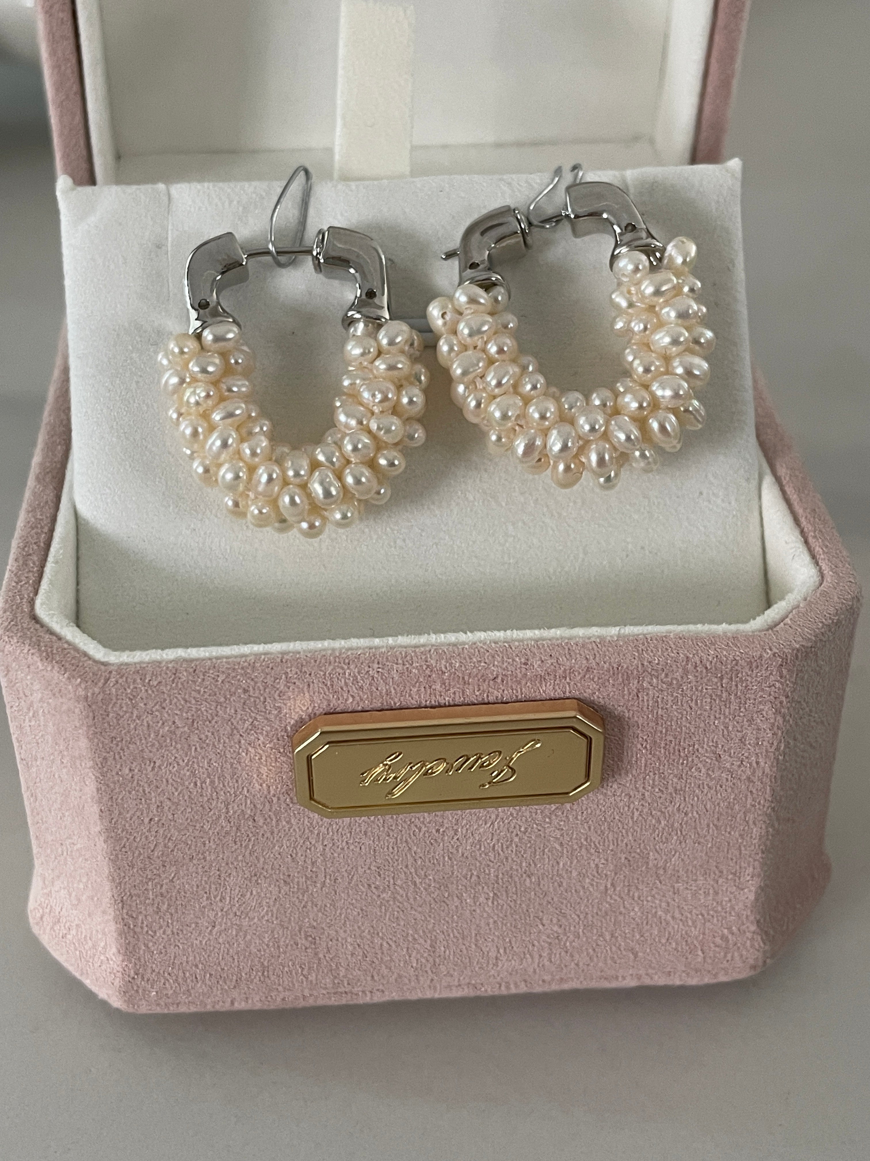 Baroque Earring 7 - Multi-Strand Seed Pearl U-Shaped Hoop Earrings, Silver Tone Modern Stacked Jewelry