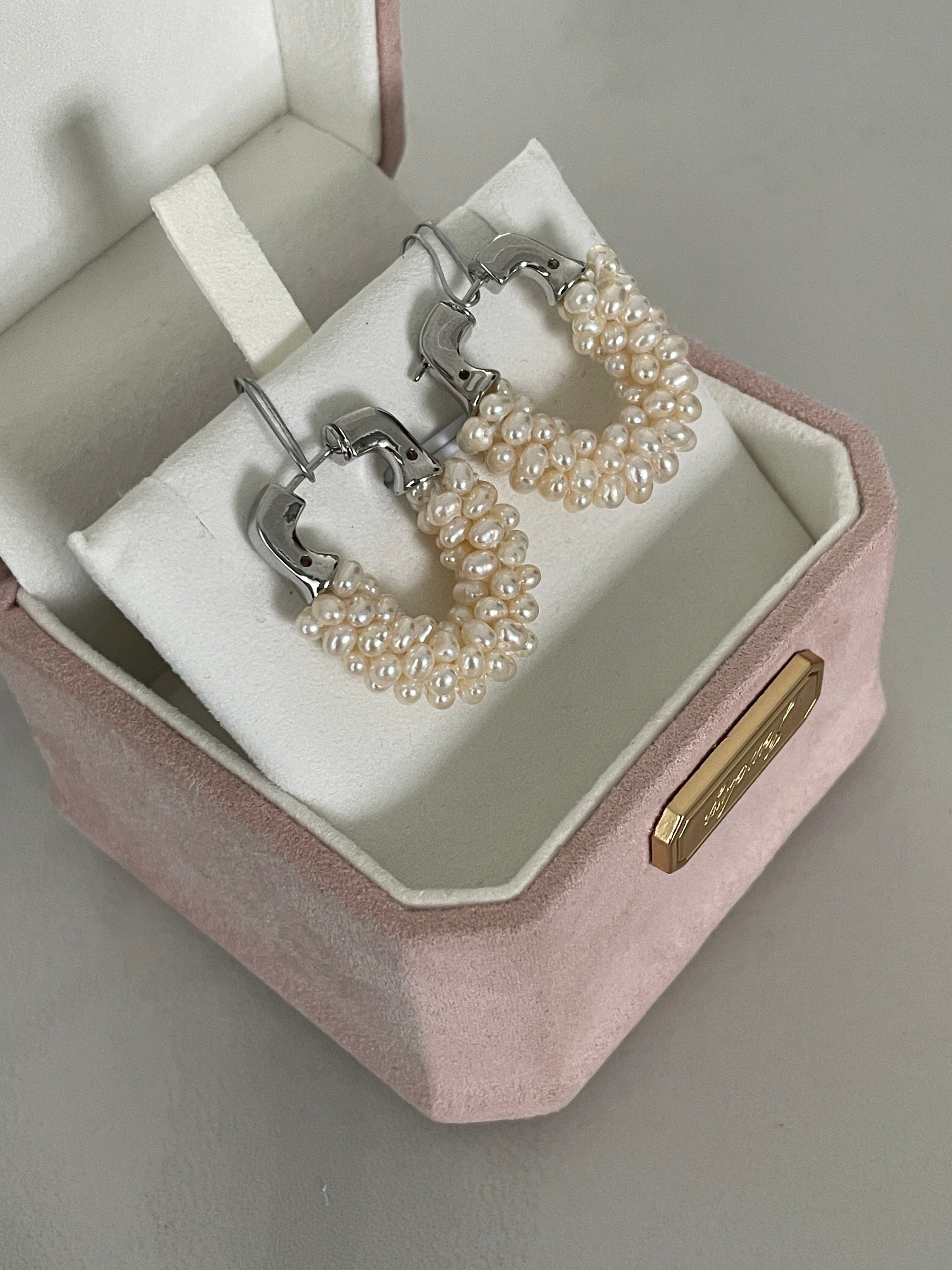 Baroque Earring 7 - Multi-Strand Seed Pearl U-Shaped Hoop Earrings, Silver Tone Modern Stacked Jewelry