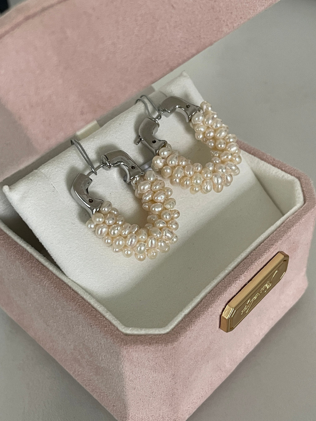 Baroque Earring 7 - Multi-Strand Seed Pearl U-Shaped Hoop Earrings, Silver Tone Modern Stacked Jewelry