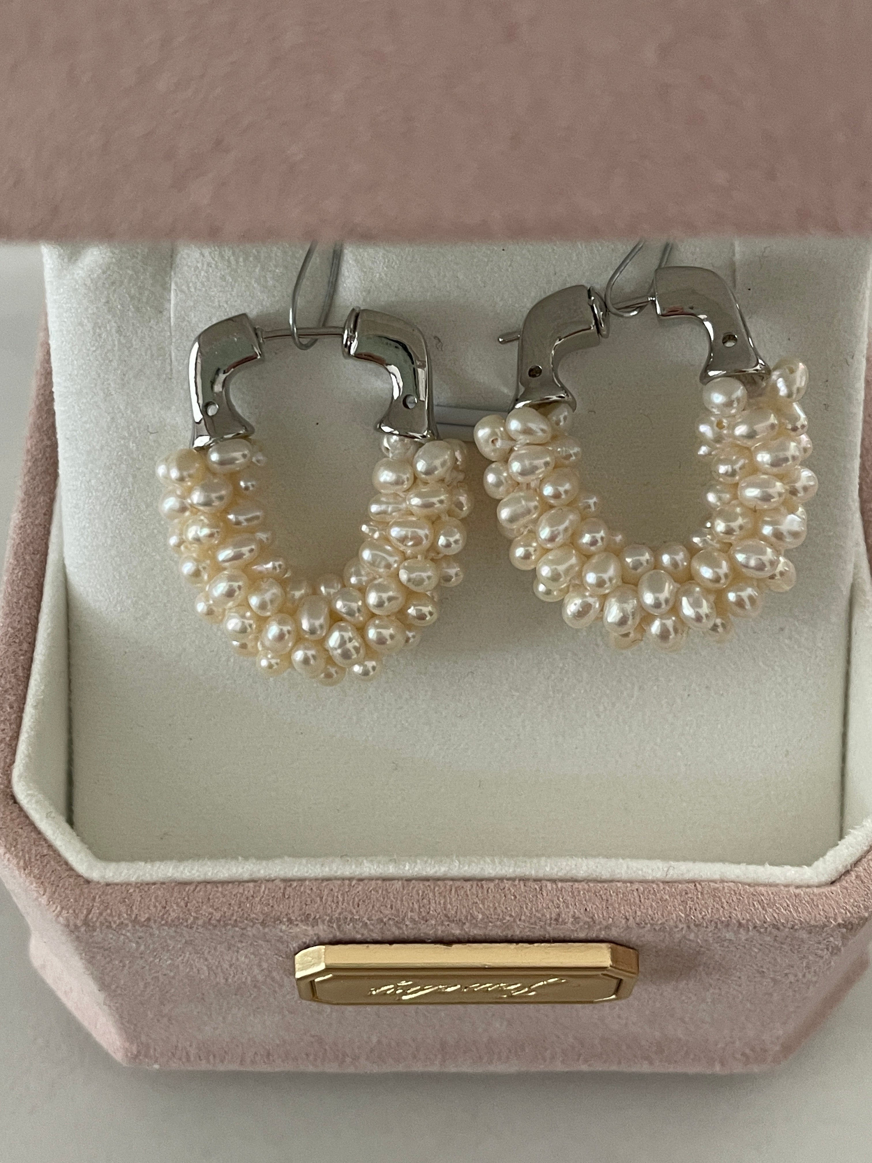 Baroque Earring 7 - Multi-Strand Seed Pearl U-Shaped Hoop Earrings, Silver Tone Modern Stacked Jewelry